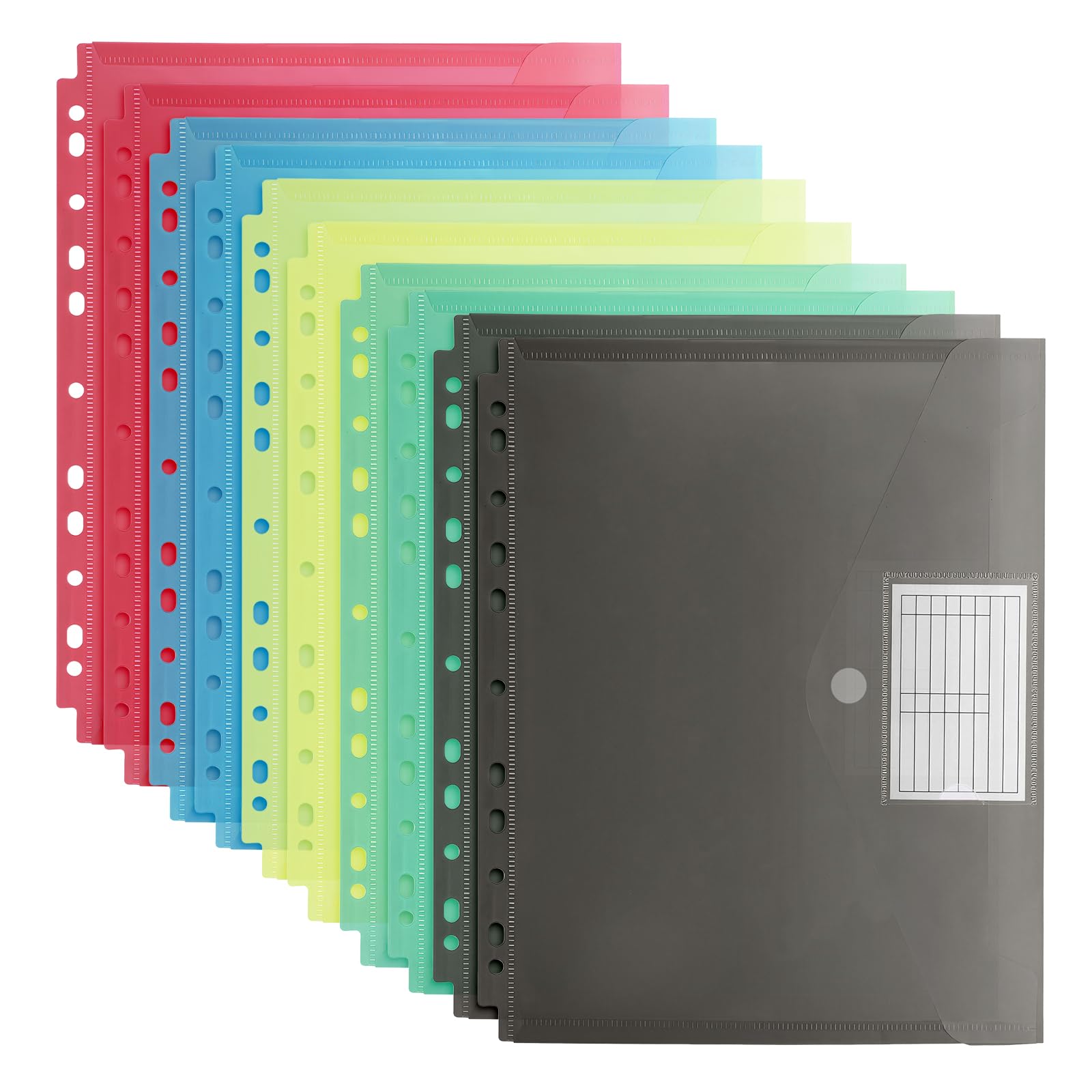 FRETONBA Plastic Wallets A4 Punched Pockets, 10 Pcs Folders for Paperwork A4 with 11 Holes, Waterproof Envelope File Folders with Velcro and Label Pocket for Home, School, Office Document Storage