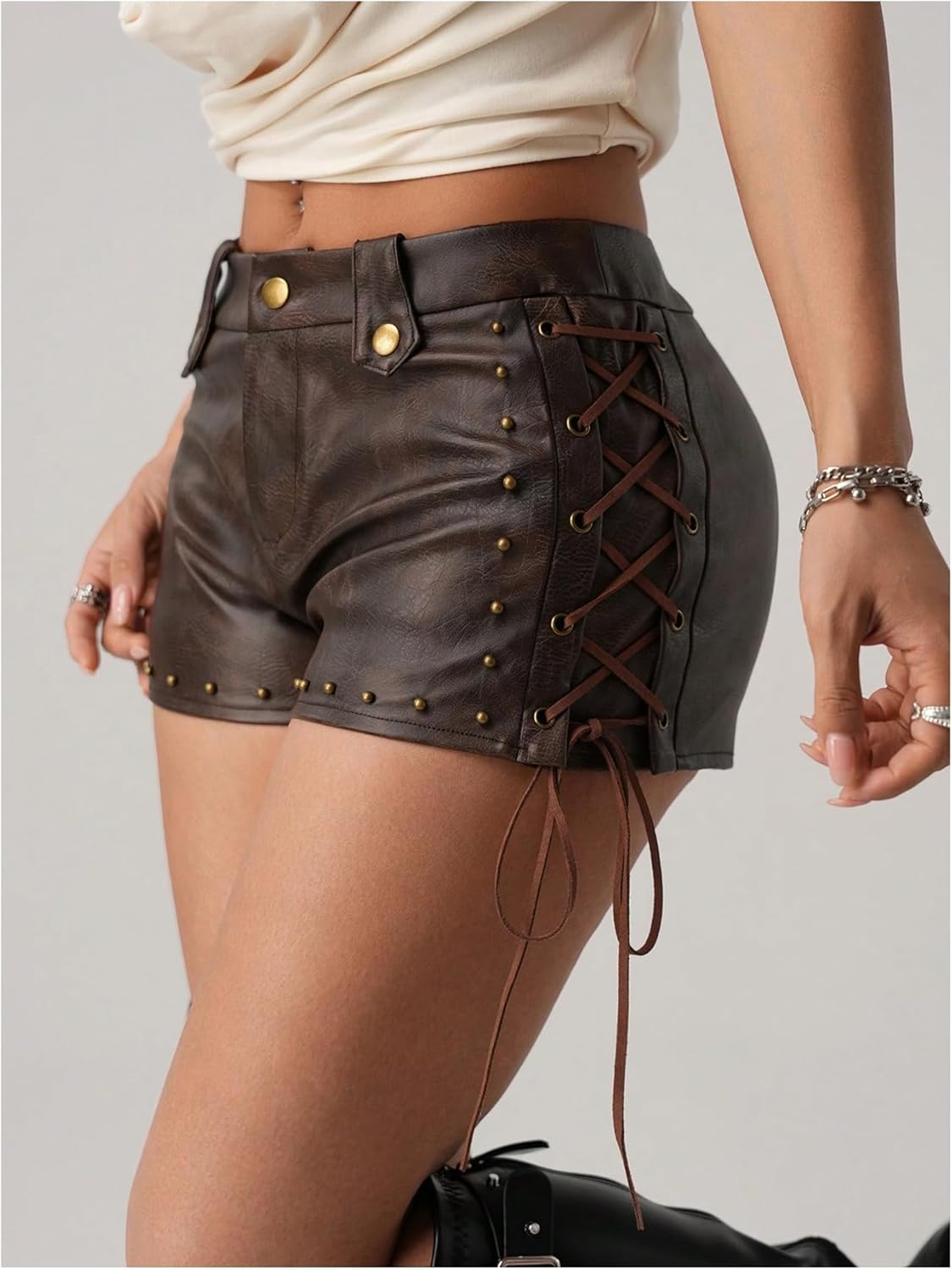 MakeMeChic Women's PU Leather Lace Up Shorts Rivet Studded Summer Vintage 90s Mini Shorts
