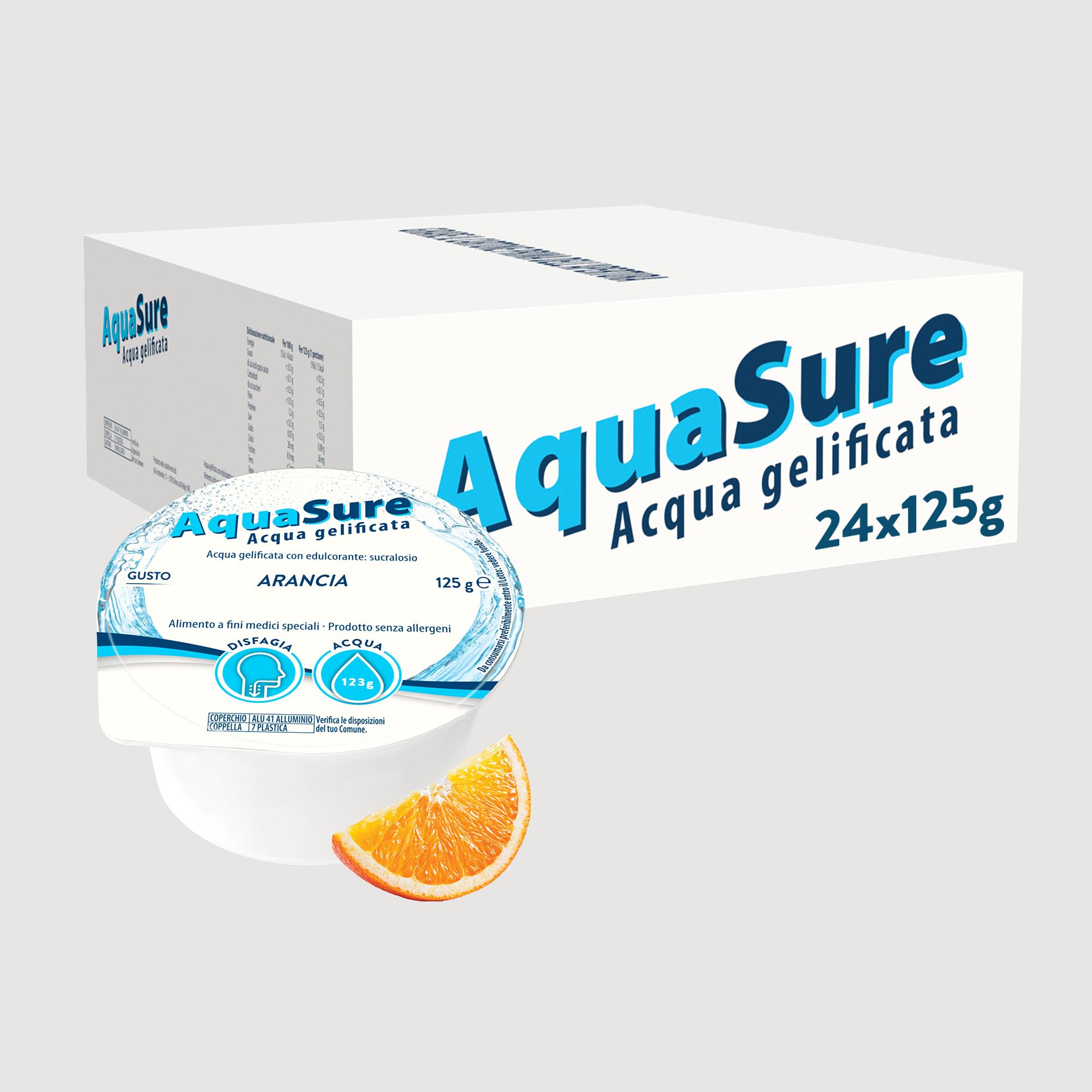 Abbott Nutrition | AquaSure 24 Confezioni x125 g | Acqua Gelificata per il trattamento dietetico di soggetti affetti da disfagia e problemi della deglutizione | gusto Arancia