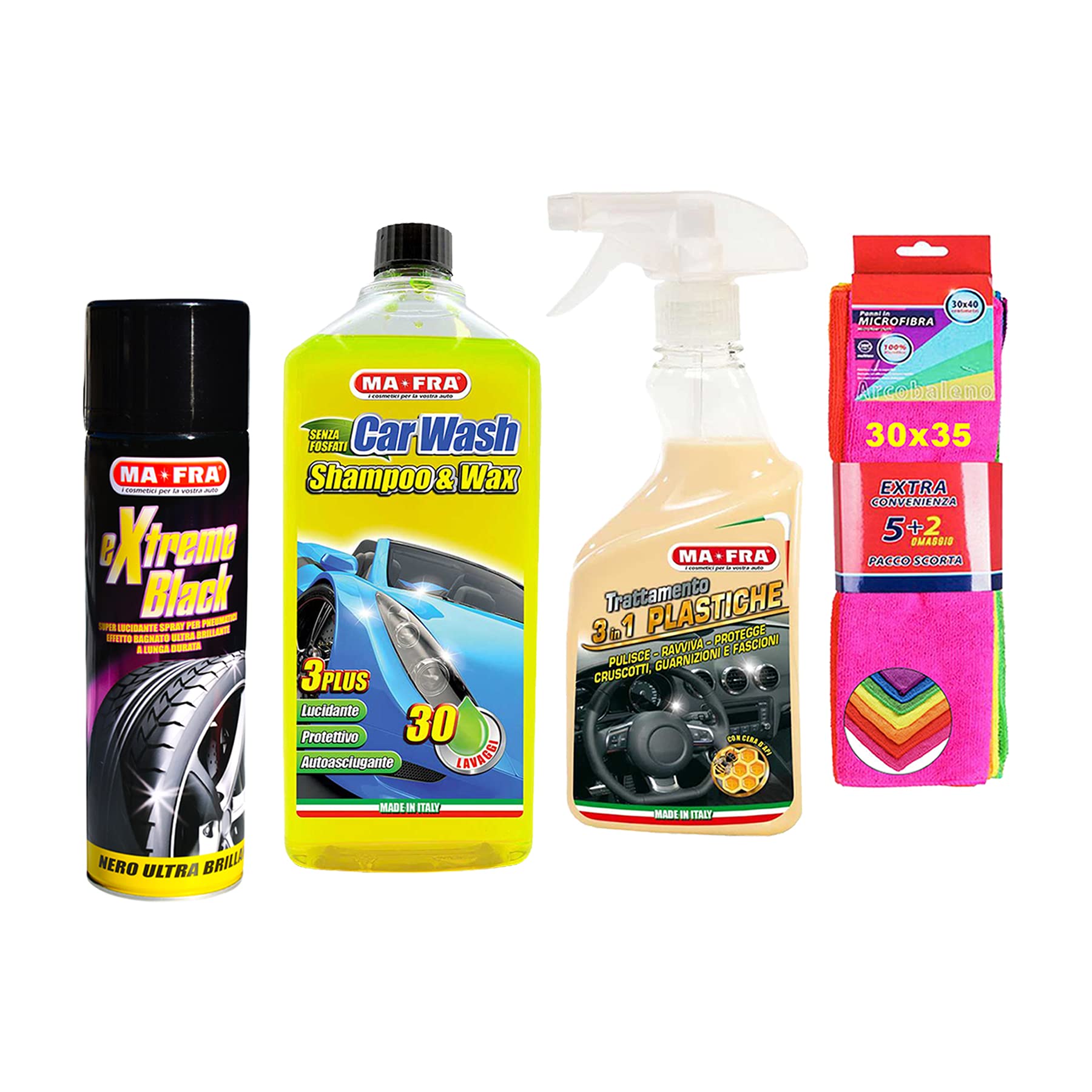 Set MAFRA extreme black, car wash shampoo and wax, trattamento plastiche 3in1 più confezione di 7 panni in microfibra 30x35 cm