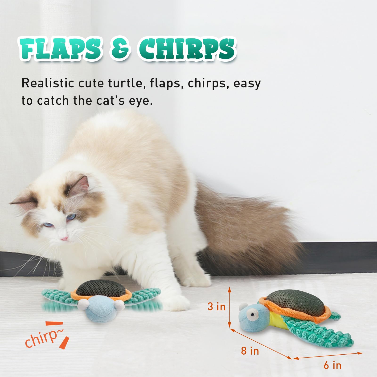 BuntyJoy Cat Toys, Flapping Fins Cute Turtle, No Flying, Chirping Bird Interactive Catnip Toy for Kitten or Small Dogs, Touch Activated, Rechargable