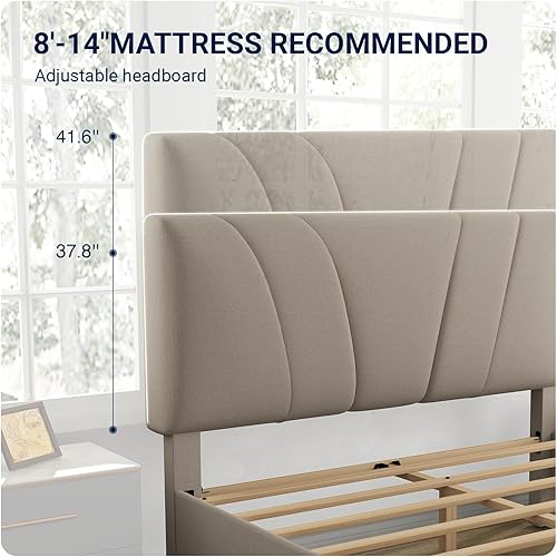 Miniatura 4 de Base de cama Avenco tamaño Queen con plataforma tapizada y cabecera ajustable, soporte de listones de madera, fácil montaje, no requiere somier,