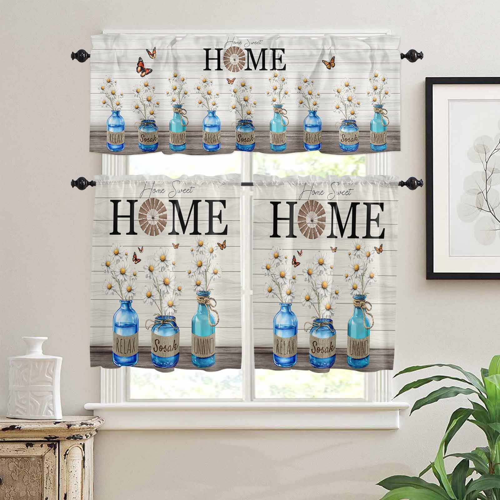 Farmhouse Daisy Kitchen Curtains 36 Inch Length, 3 Piece Rod Pocket Small Half Tiers and Valance Set, Blue Bottle Flower Vintage Butterfly Small Large Window Treatment Decor for Bedroom/Bathroom Sink