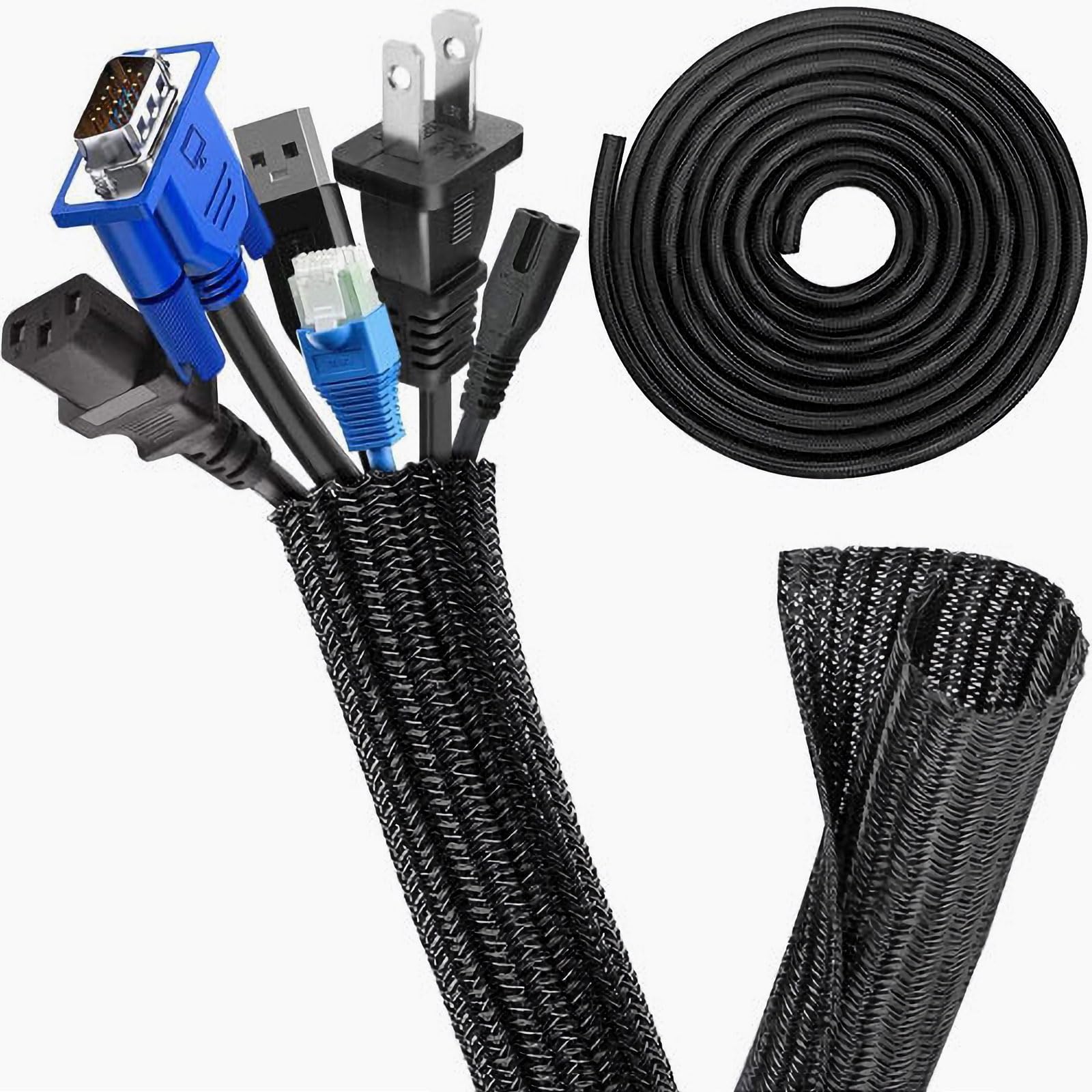 HEUOFST 16ft Black Cable Organizer, 16mm, 5M Cable Management Cord Organizer, Wire Protector Cover