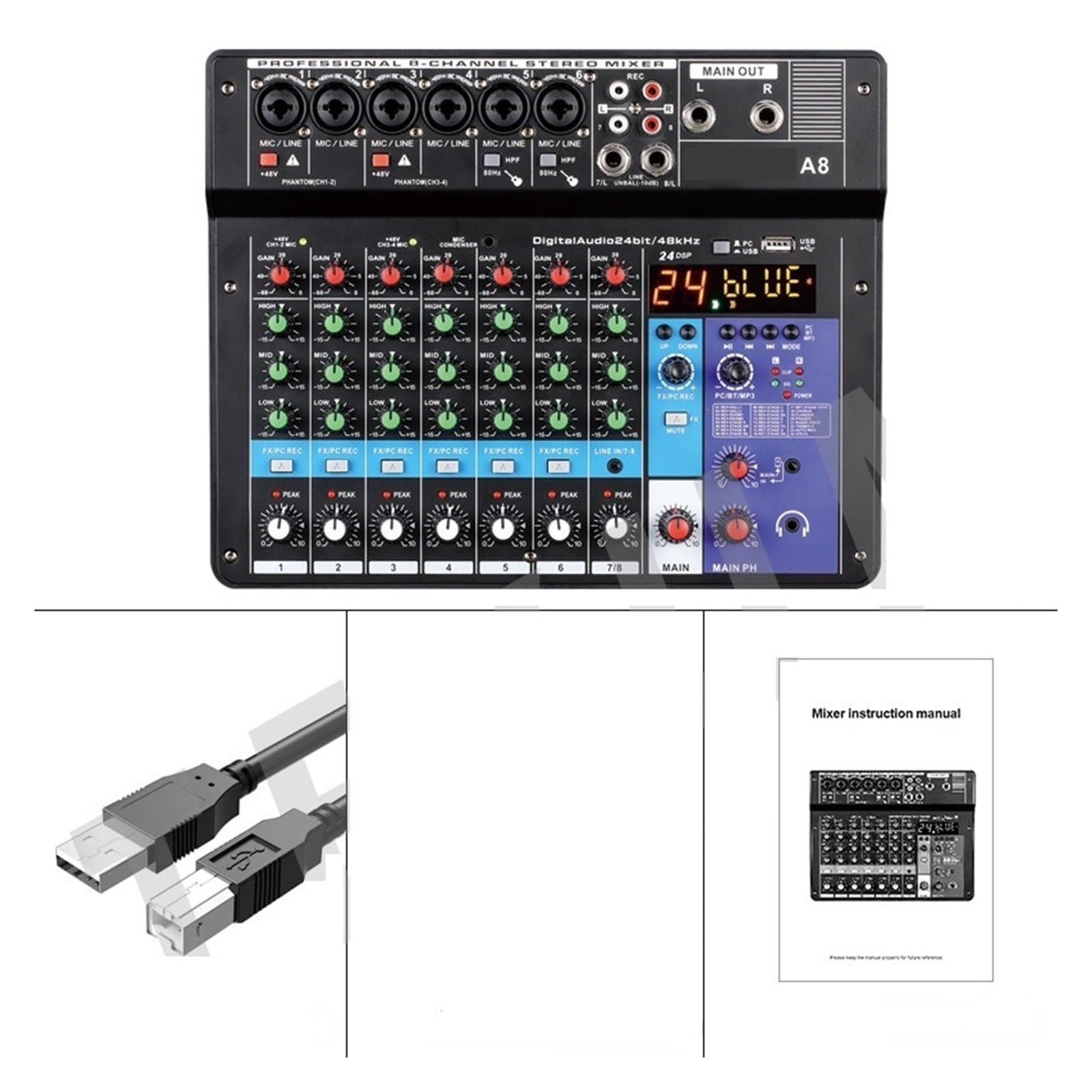 Audiomixer 8-Kanal-professionelles Tragbares Mischpult, Tonmischpult, Computereingang, 48-V-Stromversorgung, Monummer