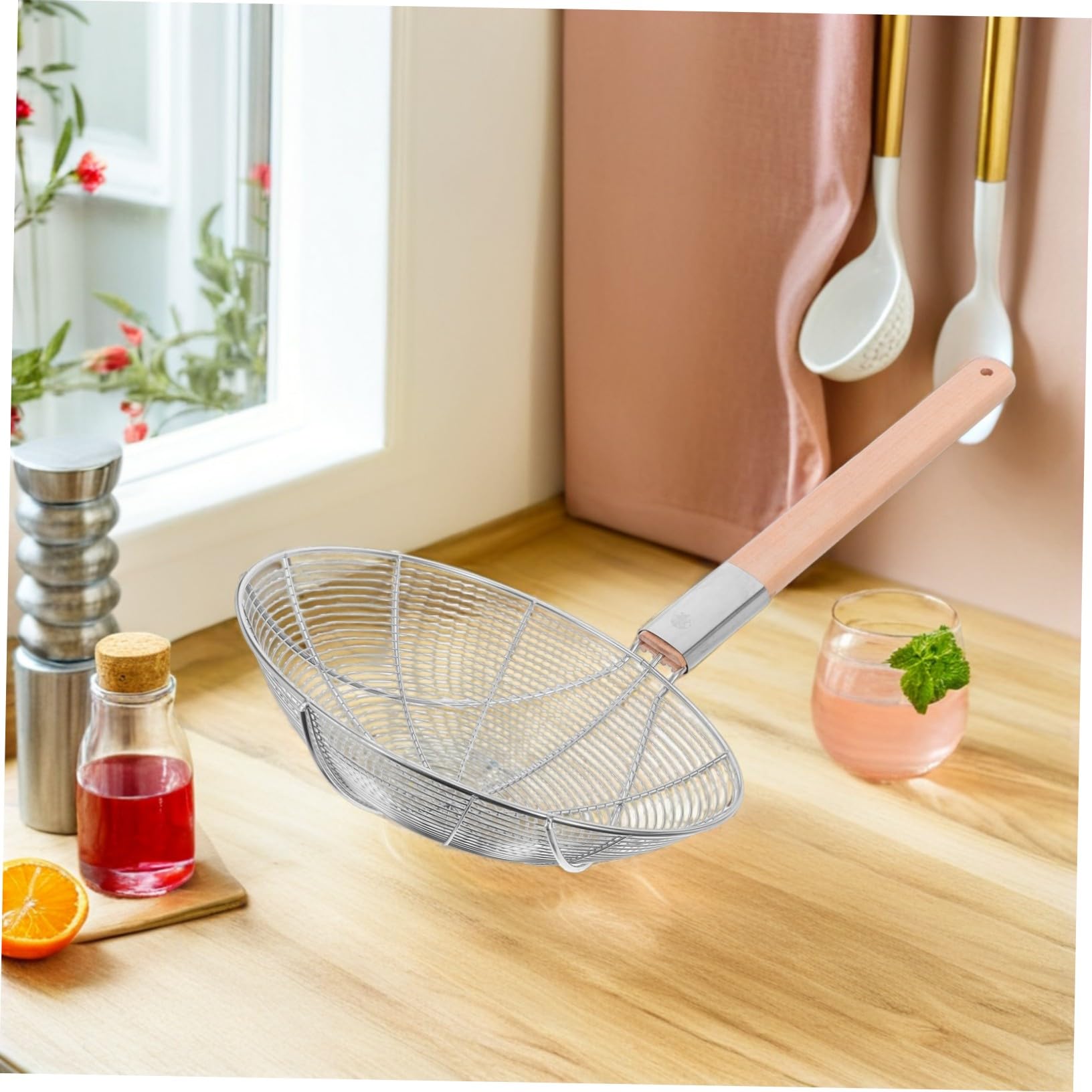 Passoire à Écumoire en Acier Inoxydable Manche en Bois, Filtre Fin et Grosse Louche, Design Antidérapant, Cuisine Professionnelle et Friture