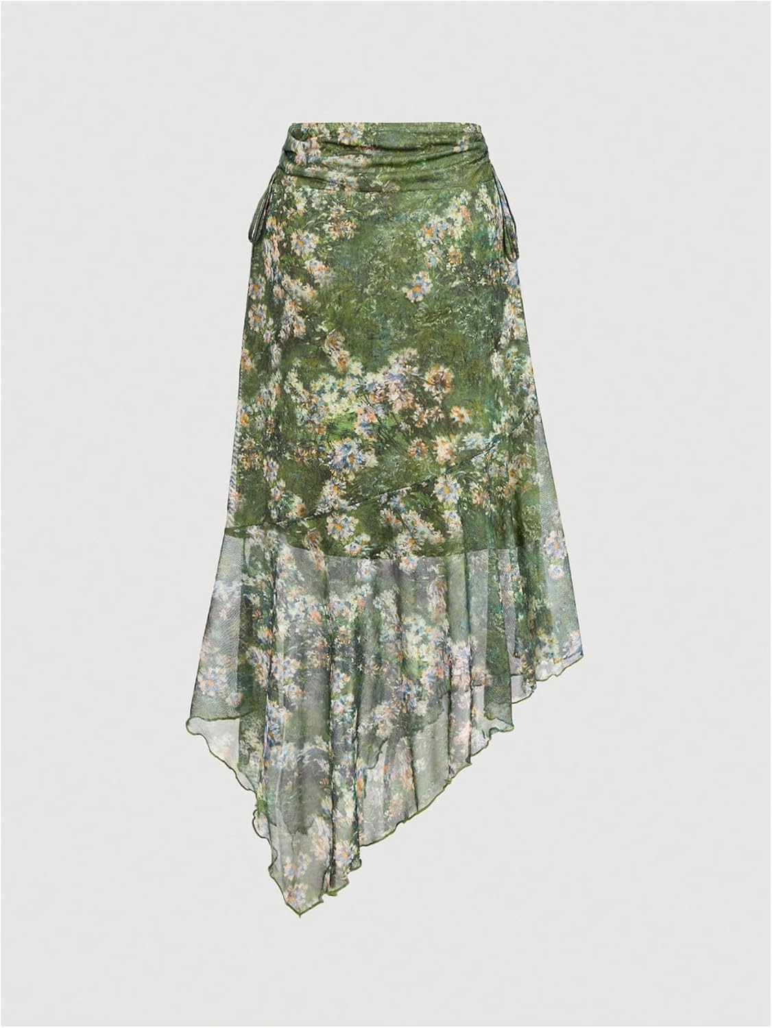 Milumia Women's Floral Ruched Ruffle Midi Skirt Drawstring Asymmetrical Hem Fairy Skirts - Image 3