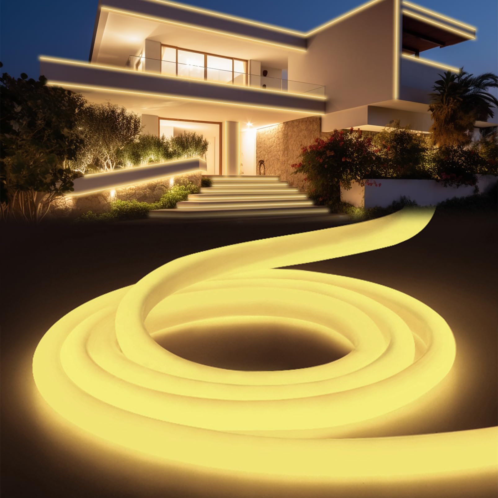 YOODI Luces LED Lights Blanco Cálido 20m, Flexible Tira de Led Habitacion 220V, Tubo Redondo Cortable Fita Led IP65 a Prueba de Agua para Habitación, Jardín, Fiesta, Incluye Fuente de Alimentación