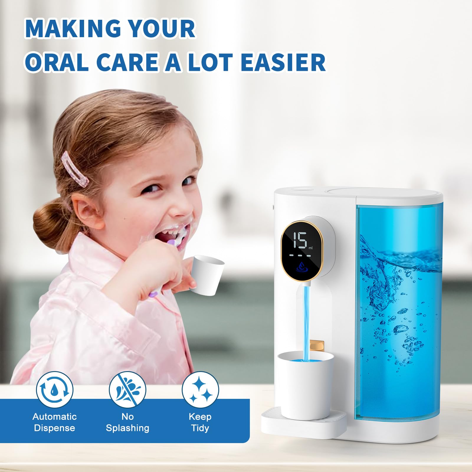 Automatic Mouthwash Dispenser for Bathroom: 20.3Oz Mouth Wash Dispenser with Magnetic Cup Holder, 4 Levels, Wall Mounted, Electric dispensador de enjuague bucal for Kids Adults, Bathroom Accessories