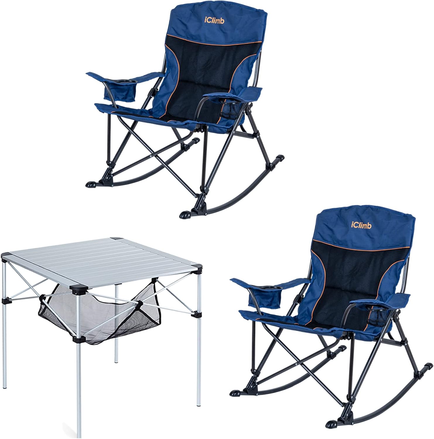 iClimb 2 Padded Rocking Folding Chair and 1 Folding Square Table Bundle for Two Person Camping Patio Porch Backyard Lawn Garden Balcony Indoor Outdoor