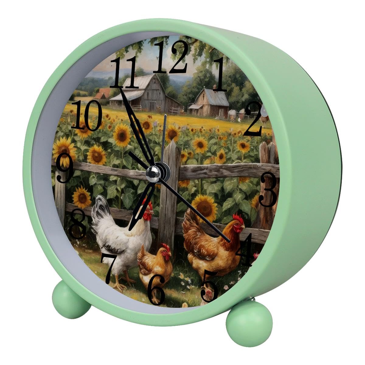 Alarm Clock Sunflowers Chickens Fence, Silent Non-Ticking with Night Light