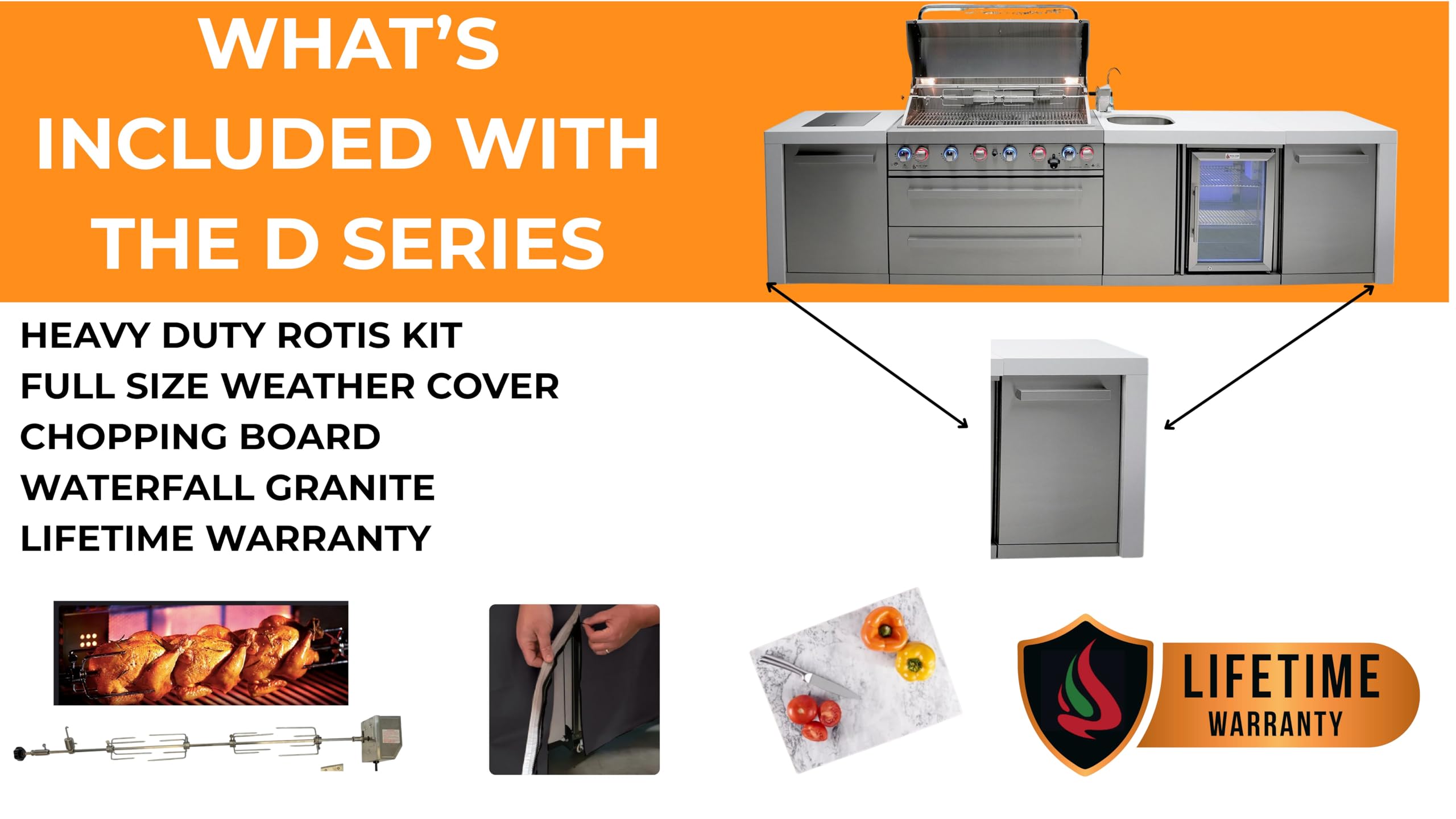 Mont Alpi 168"W Stainless Steel Deluxe Modular Outdoor Kitchen Island with Fridge Faucet & Sink Combo + 3 Tap Kegerator Beer Dispenser + 32"W 4-Burner BBQ Grill + Granite Countertops + Storage + Cover on Fridge.com