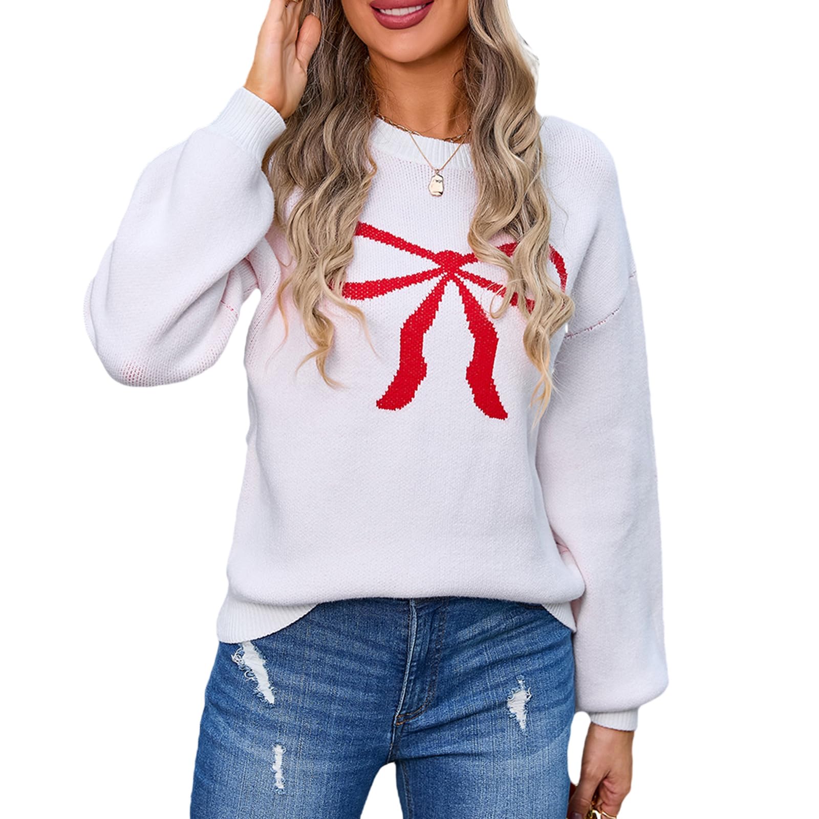 Women Y2K Fall Sweater Cute Bow Print Long Sleeve Cable Knit Pullover Casual Oversized Jumpers for Women