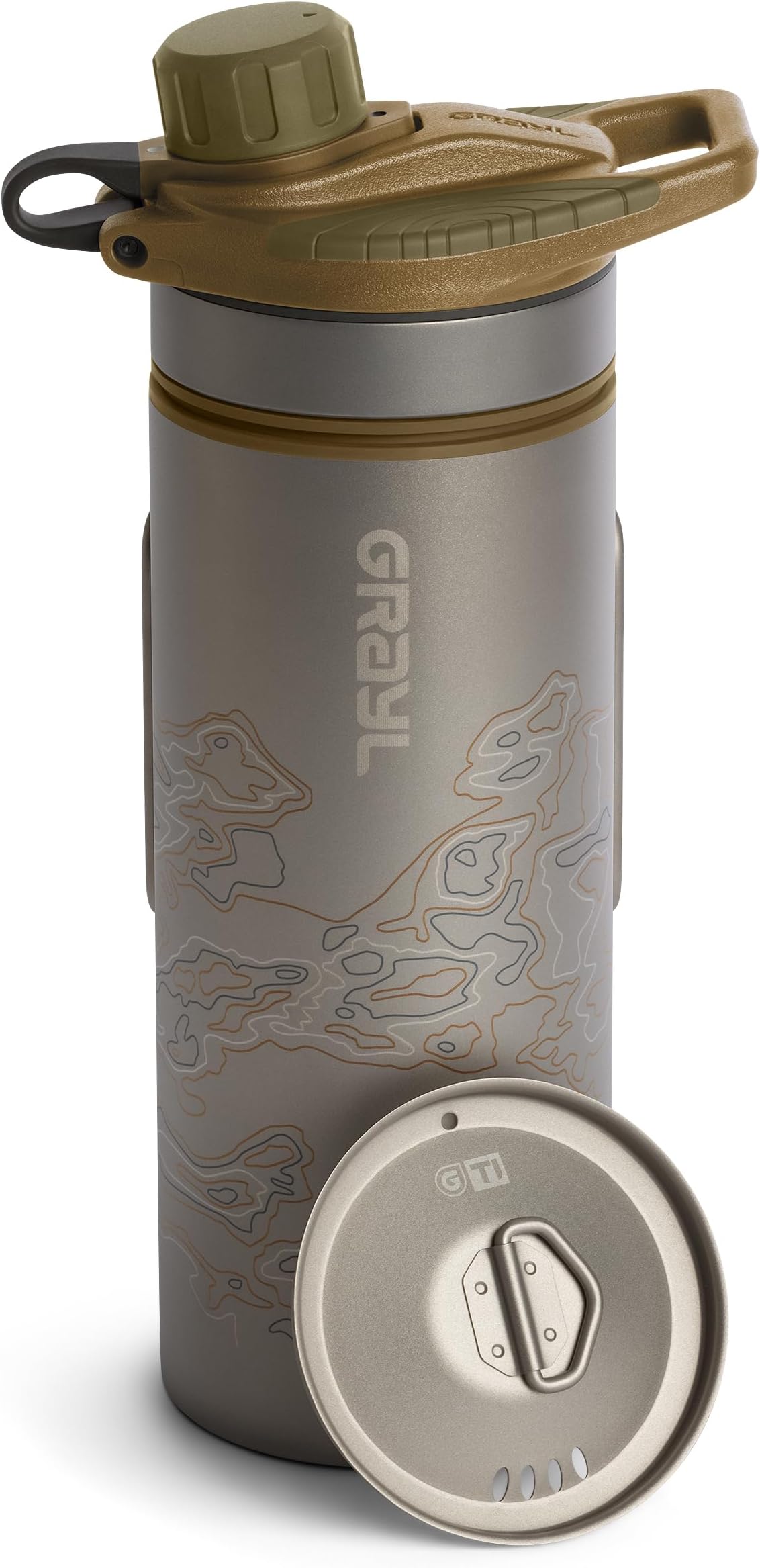 GRAYL GeoPress Titanium 24 oz Water Purifier Bottle with Cooking Lid - Filter for Hiking, Camping, Survival, Travel (Coyote Brown)