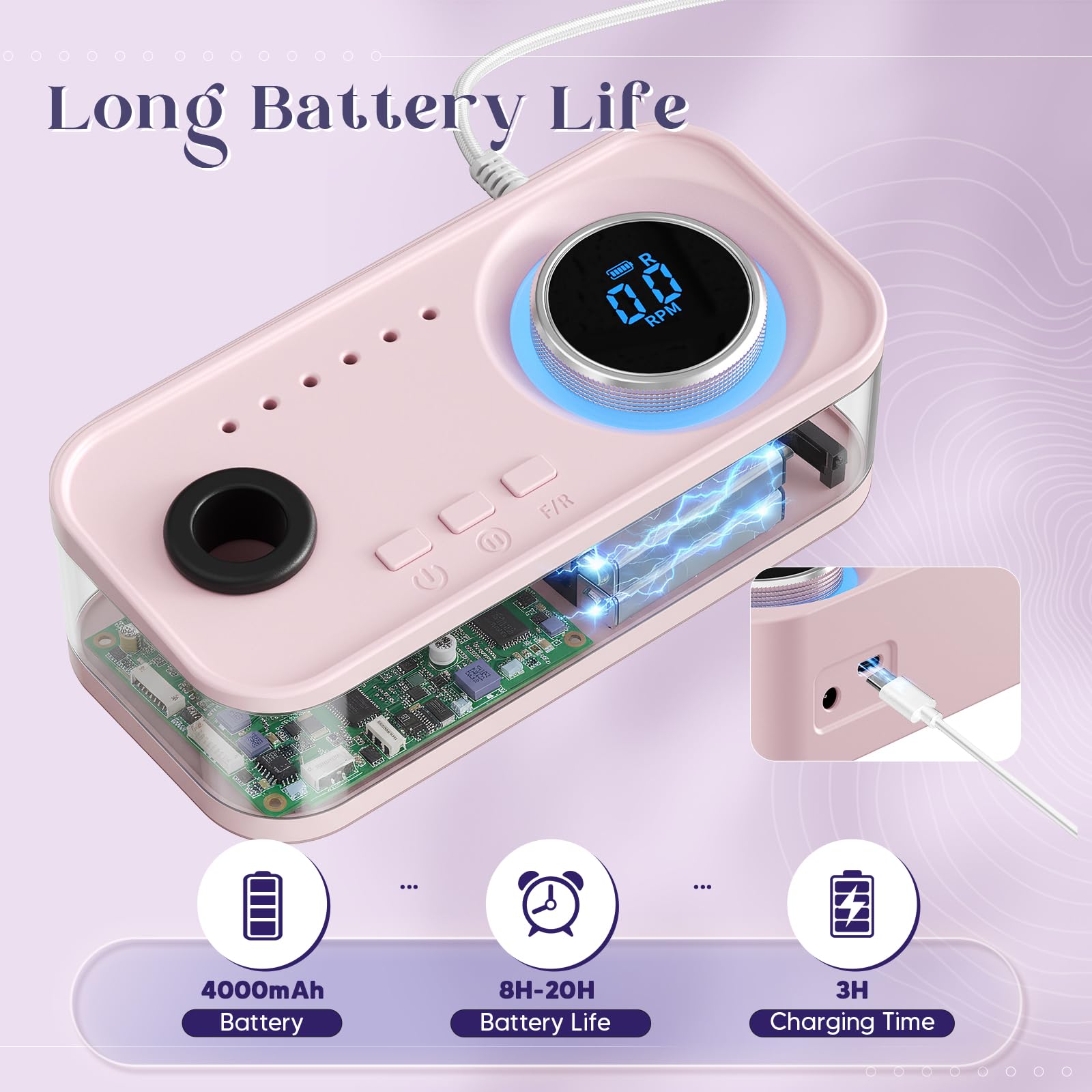 Fresa per Unghie Professionale 36000 RPM, 4000 mAh, Portatile Lima Elettrica per Unghie Con 12 Testine Di Levigatura, Display LCD Ricaricabile Batteria Design, Rotazione Bidirezionale (Rosa)