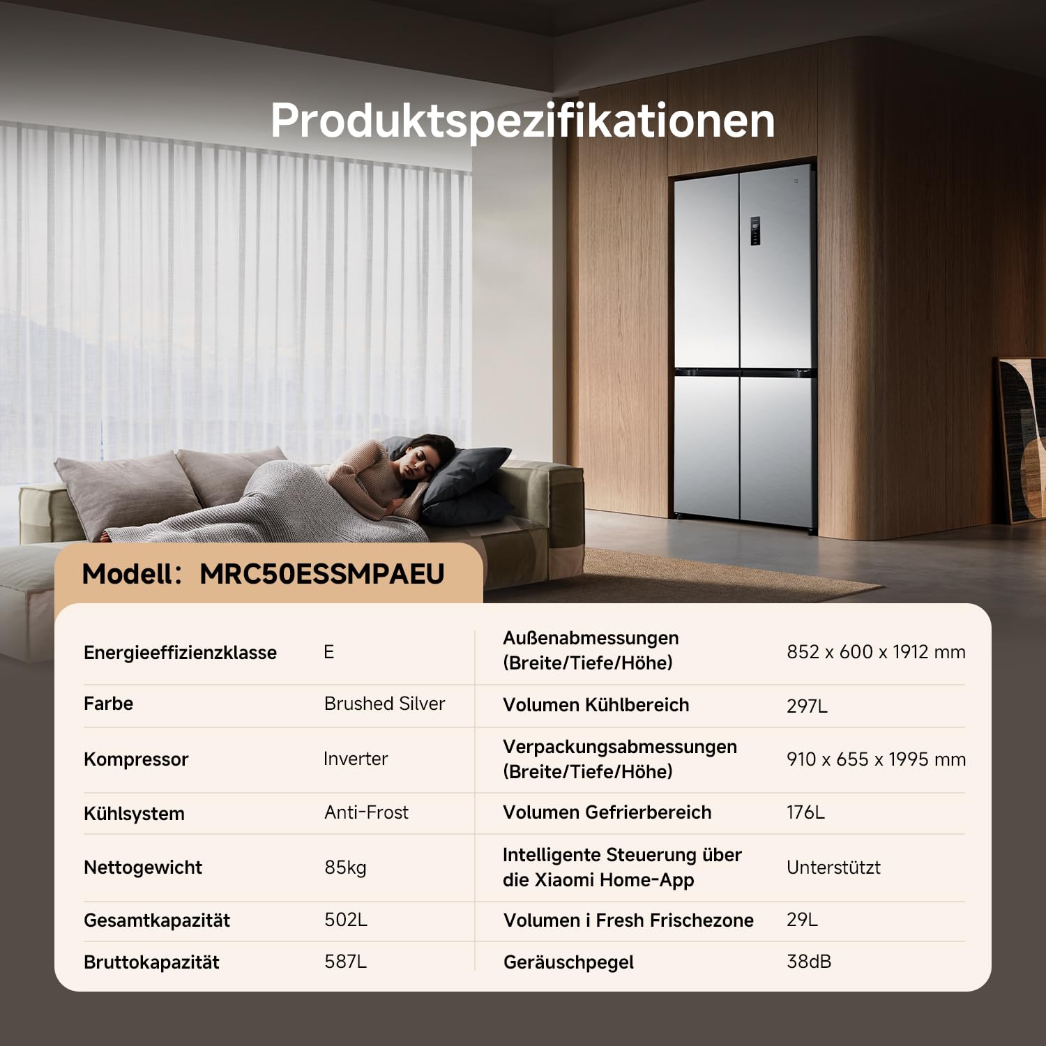 XIAOMI Mijia Cross Door Refrigerator 502L, No Frost, Ag⁺ Antibakteriell | i Fresh Konvertierbare Zone, Dual Inverter, Smart Control, Geräuscharm, Silber, W852×D600×H1912 mm