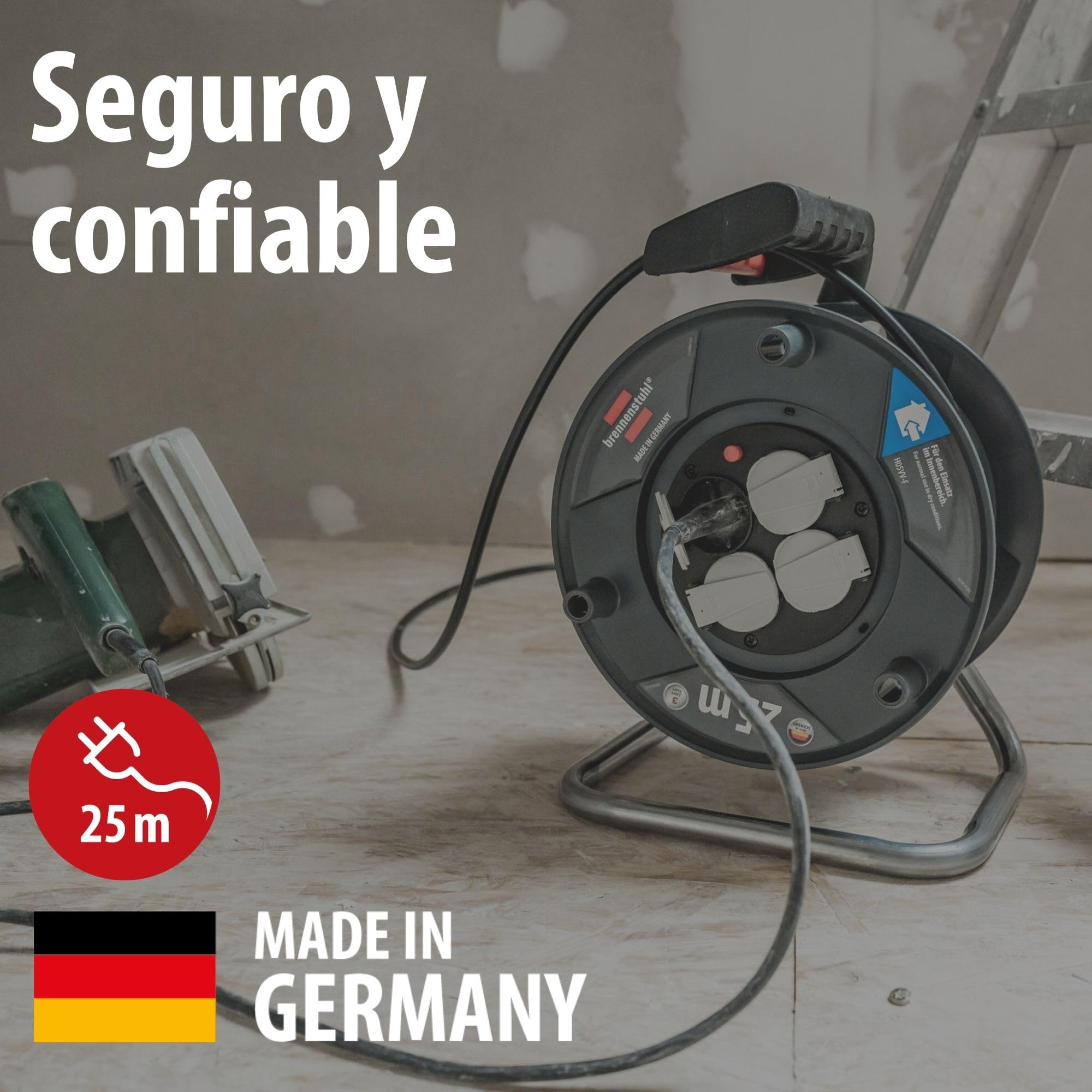 Brennenstuhl Garant V2 Enrollacables 25m cable (Fabricado en Alemania, 4 enchufes con conexión a tierra, protección contra sobrecalentamiento, cuerpo del tambor de plástico especial)