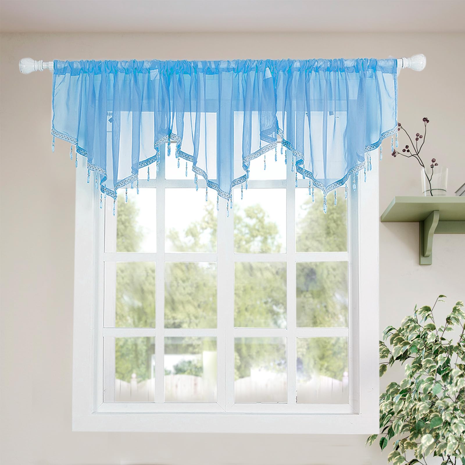 Molaxhome Blue Lace Valance Swag Curtain 51 Inch Scalloped Sheer Curtain Panels With Crystal Beads - Rod Pocket Farmhouse Window Treatment For Kitchen Bedroom 1Pc Boho Chic Drape Decor