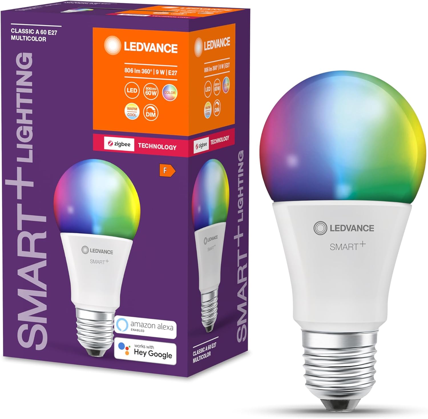 LEDVANCE E27 LED Bulb, Zigbee Sensible Residence Gentle Bulb with 9W (806Lumen) Replaces 60W Incandescent Bulb, Dimmable, RGBW Gentle Color (2700-6500K), Appropriate with Alexa, Google or App, Lamps in Pack of