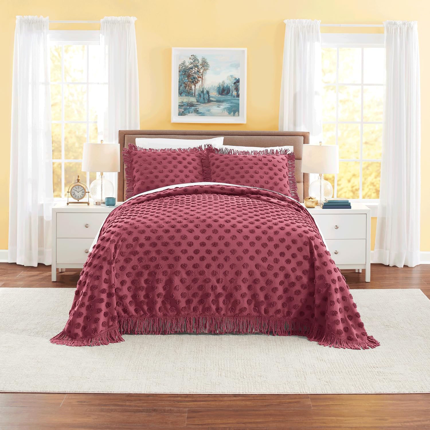 Montgomery Ward Autumn Chenille Dot Bedspread -Polka-Dot, Knotted Fringe Sides, Teal, King