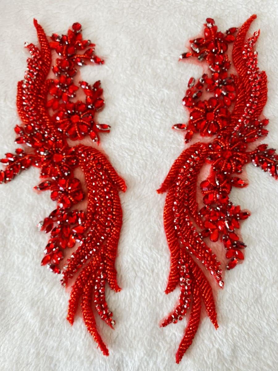 Handmade Rhinestones lace Applique handsewing Beads Trim Patches for Dress Clothing Accessories 35X12cm 1Pair/Bag