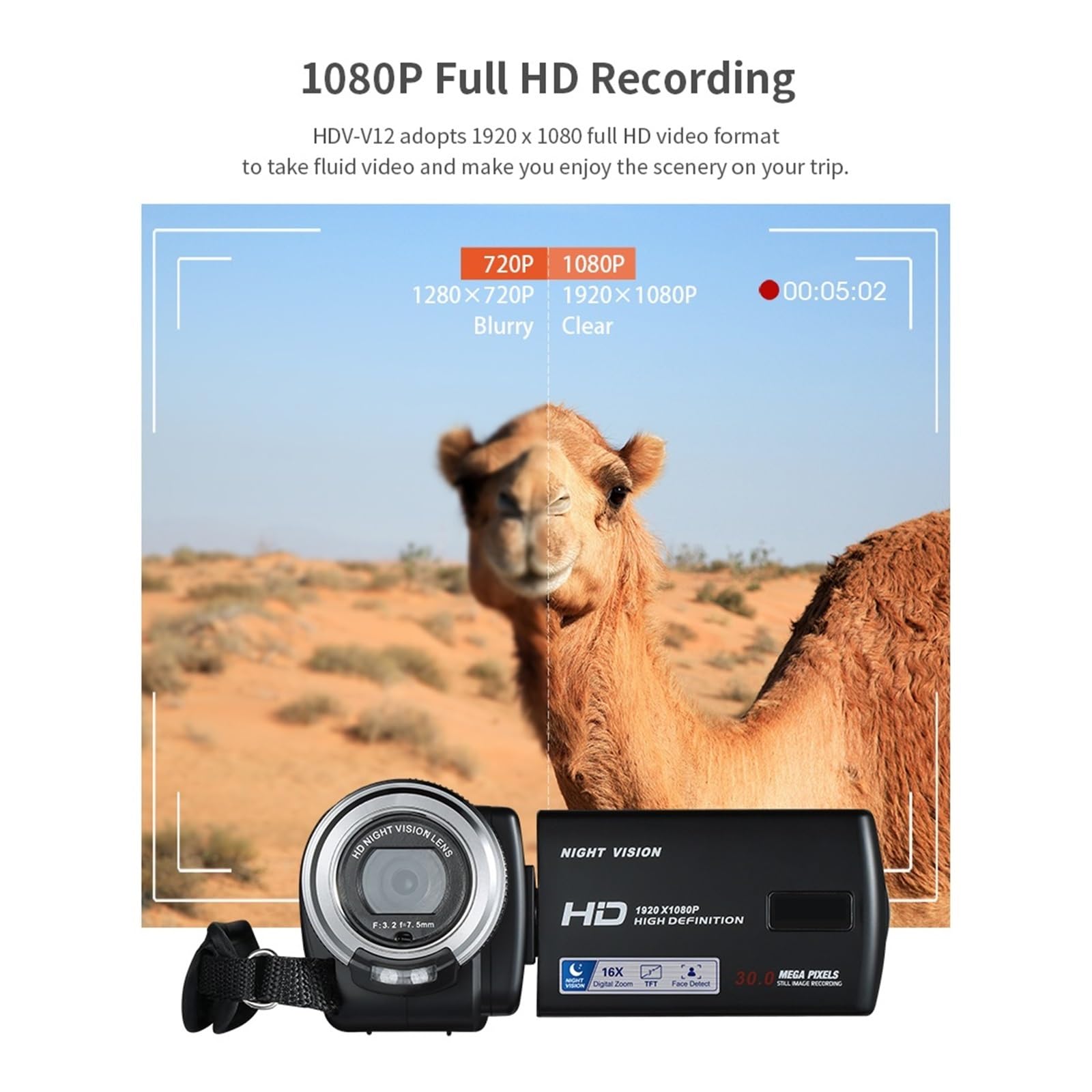Videocamera digitale 1080P 30MP HD 16X Zoom di registrazione portatile con schermo LCD da 3 pollici Cattura Facilmente Momenti Meravigliosi(V12 with 32GB)