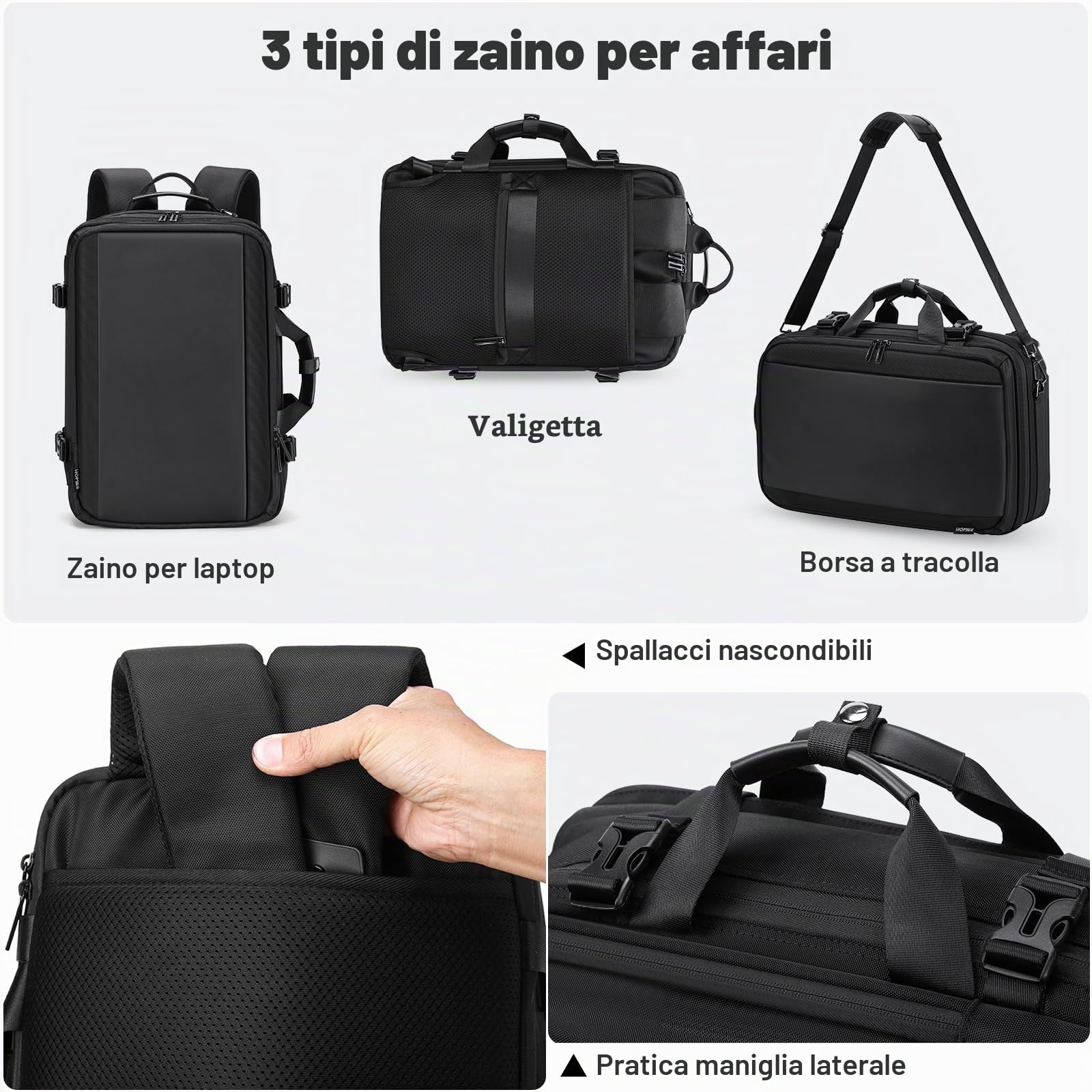 HOMIEE Zaino Uomo Zaino Porta PC 3 in 1 Zaini da Viaggio Estendibile Antifurto Zainetto Laptop 15.6 Pollici Impermeabile Zaini Borse Uomo Lavoro Valigia Bagaglio a Mano Tracolla Borsa