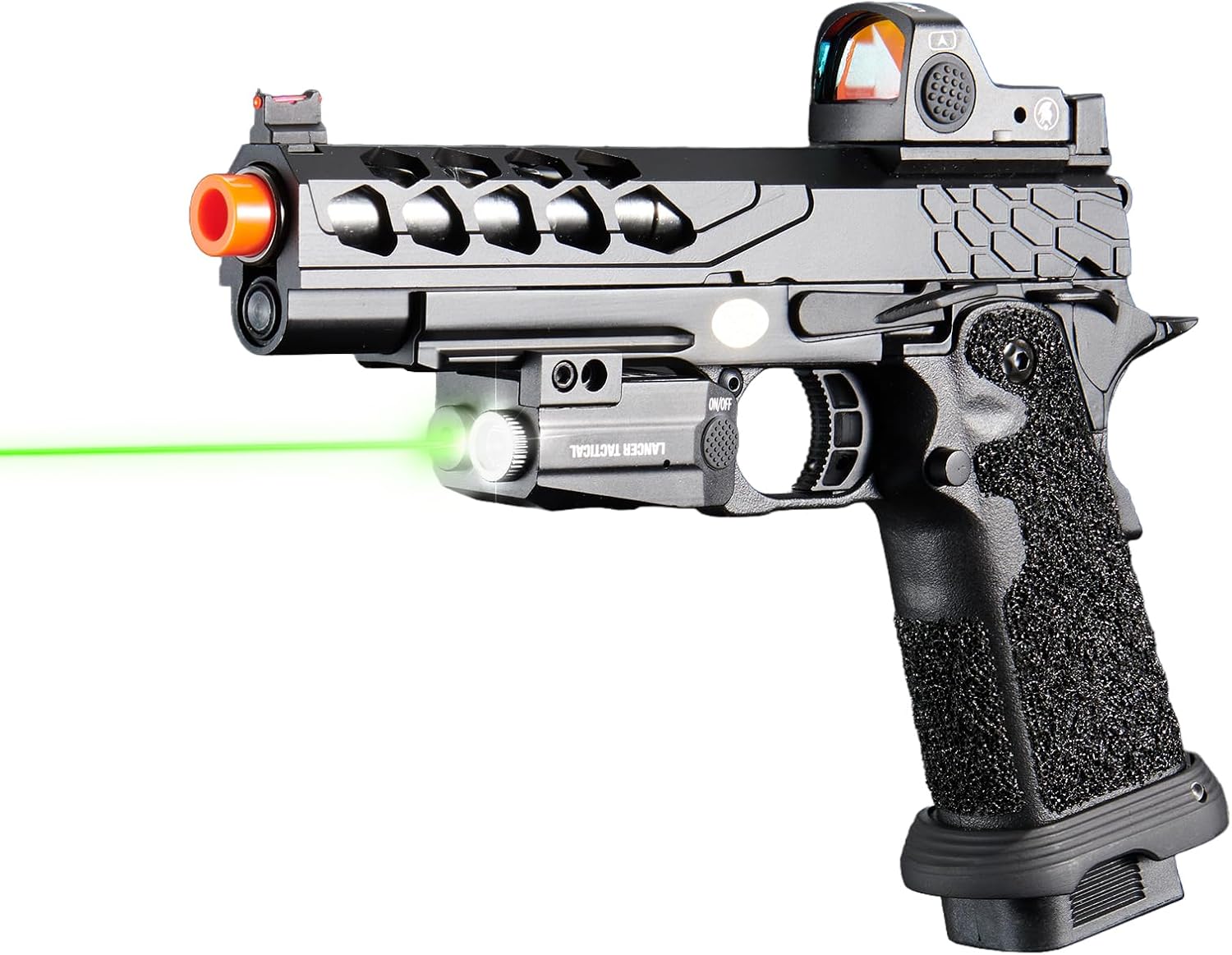 Lancer Tactical STRYK Hi-Capa 5.1 Gas Blowback Airsoft Pistol with Low Profile Mini Red Dot Flashlight & Laser (Green)