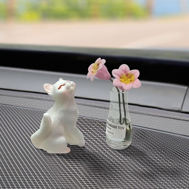 Enfeite automotivo de gatinho e lírio rosa OYIXIO para espelho retrovisor e painel