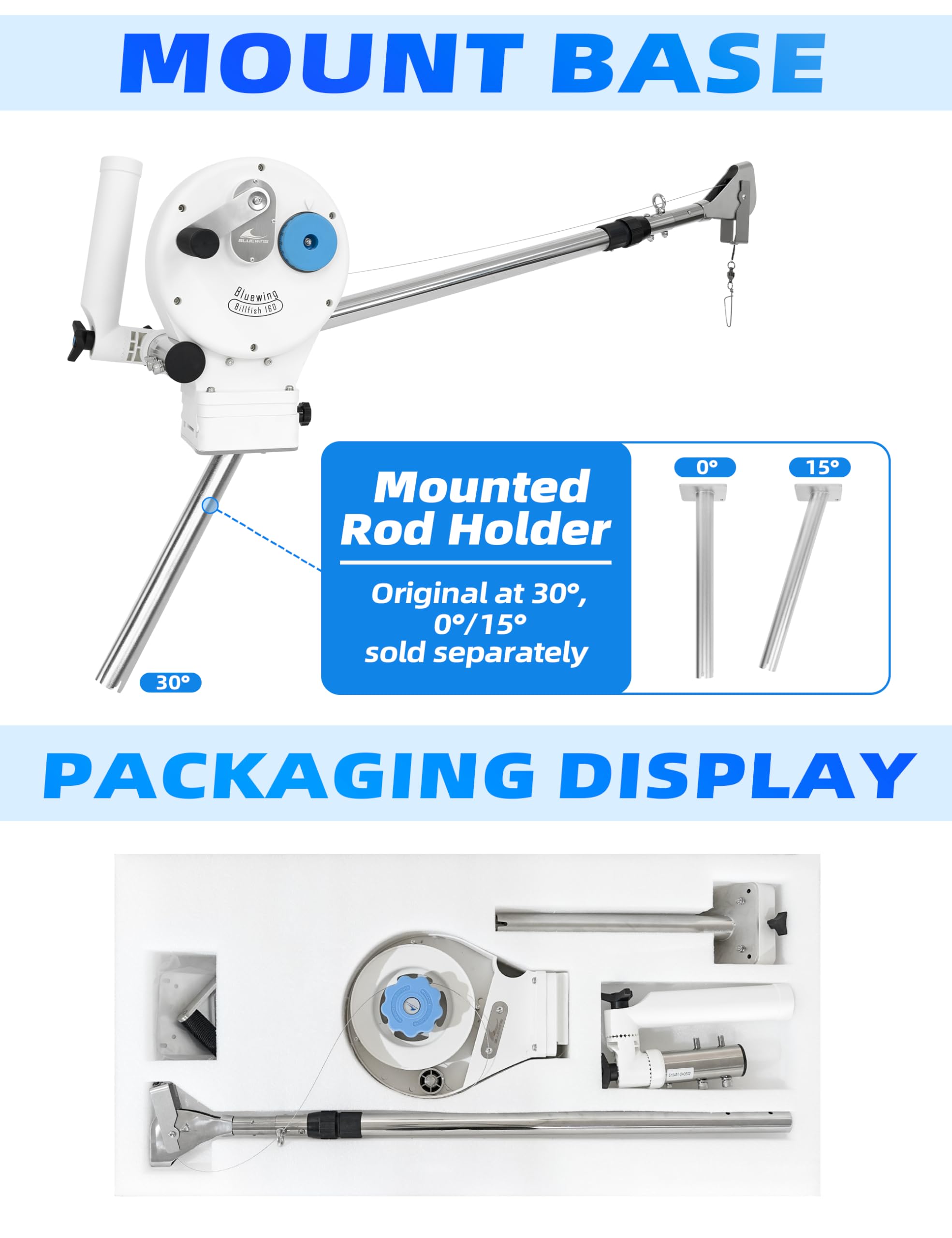 BLUEWING Manual Downrigger Billfish 160 with Telescopic Stainless Steel Boom Deep Trolling Device, White
