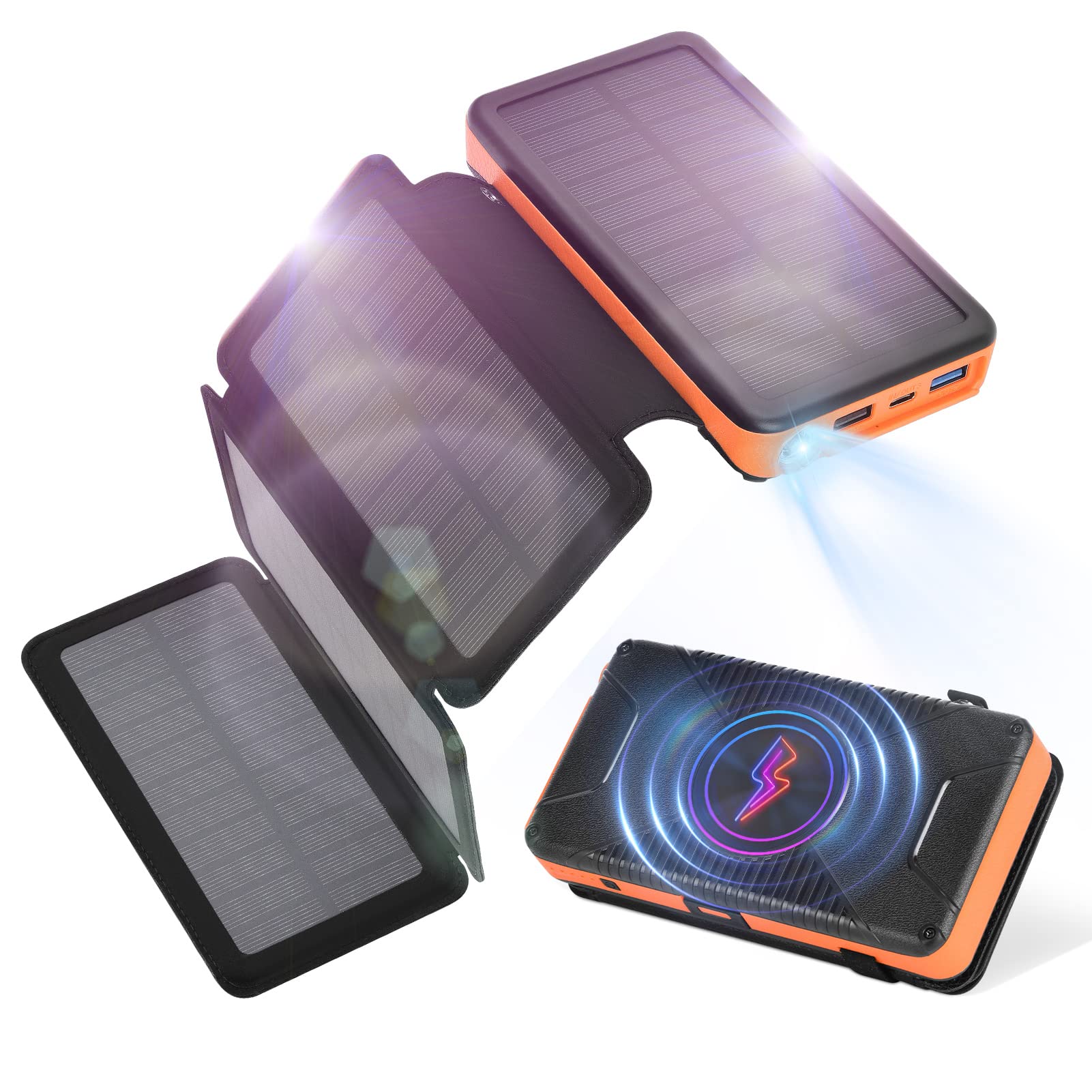 Solar Portable Charger 26800mAh Power Bank, PD18W Fast Charging + Qi10W Wireless Power Bank Solar with 3 USB/Type C Outputs and Camping LED Lamp (3 Modes) for Phone, Camera, Outdoor Camping