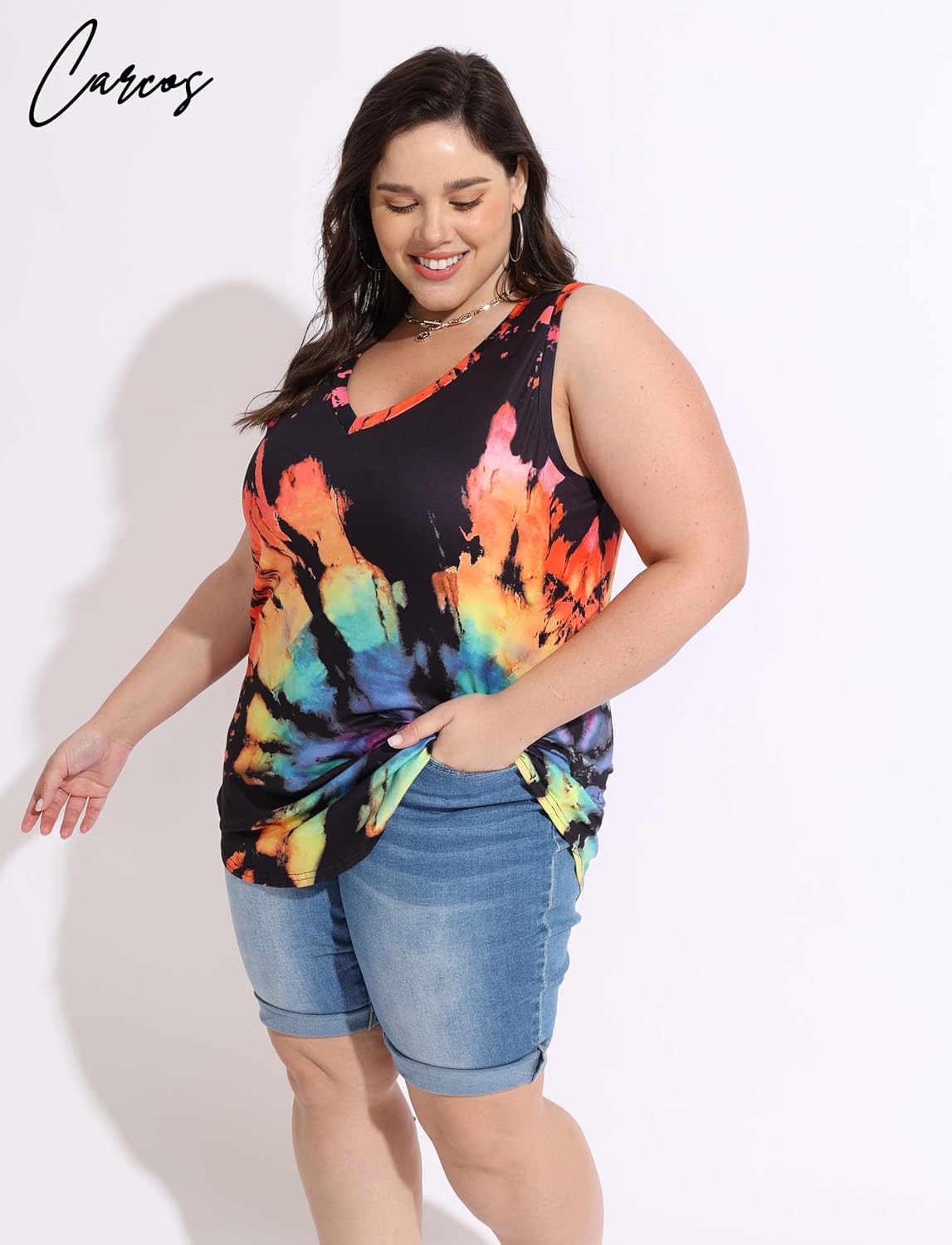 CARCOS Plus Size Tank Tops for Women V Neck Sleeveless T Shirts Solid/Tie Dye/Floral Camisole Casual Tanks for Summer XL-5XL - Image 2