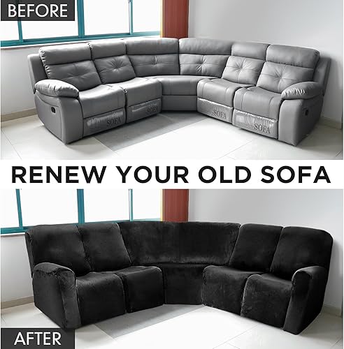 Miniatura 25 de Peryiter 7 fundas para sofá reclinable seccional en forma de L, fundas de sofá modular de 5 asientos, terciopelo de seda lechosa, funda elástica