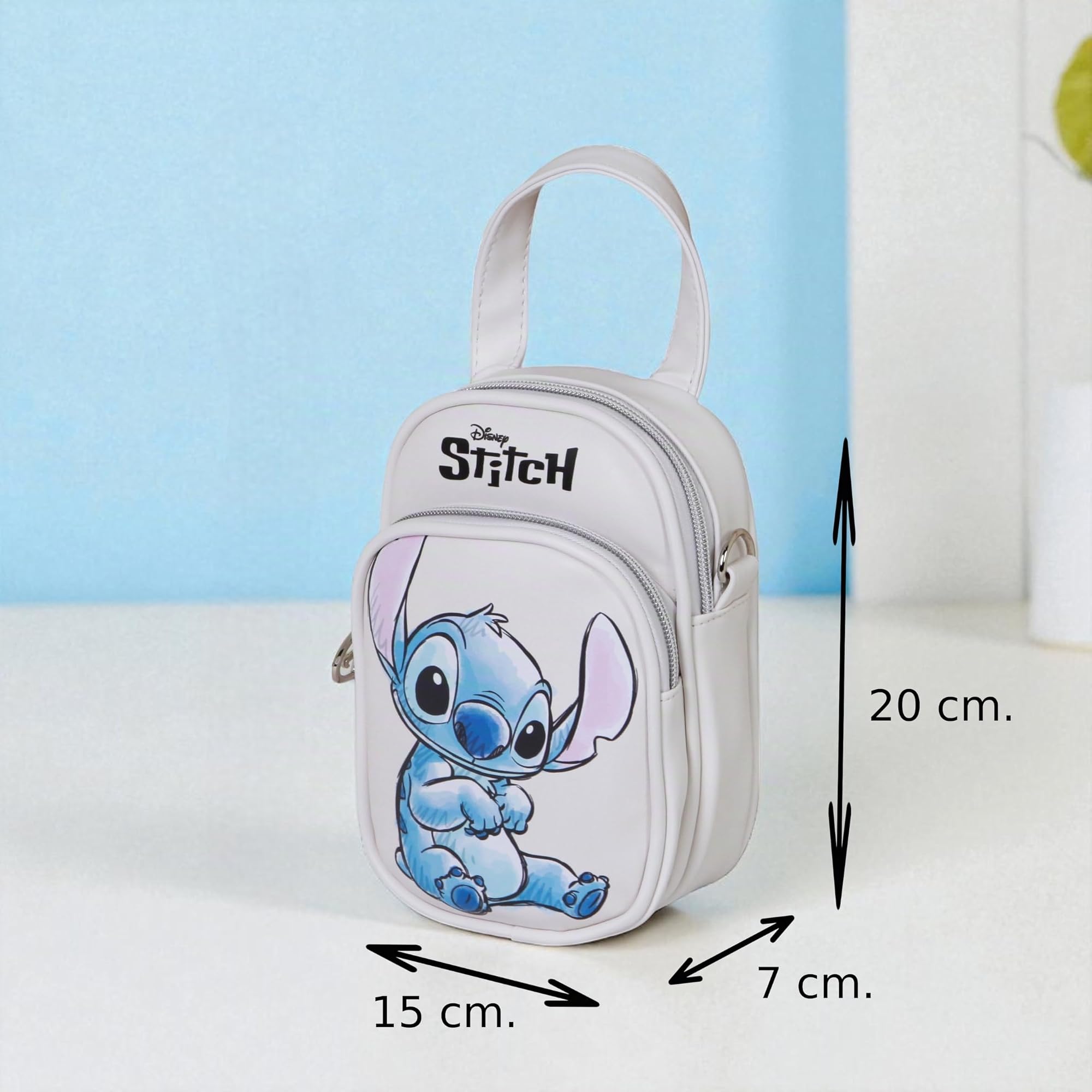Disney Mini Sac Bandoulière Stitch Double Poche Beige 20x15x7 cm | Petit sac design compact, bandoulière réglable et fermetures éclair pour usage quotidien femme
