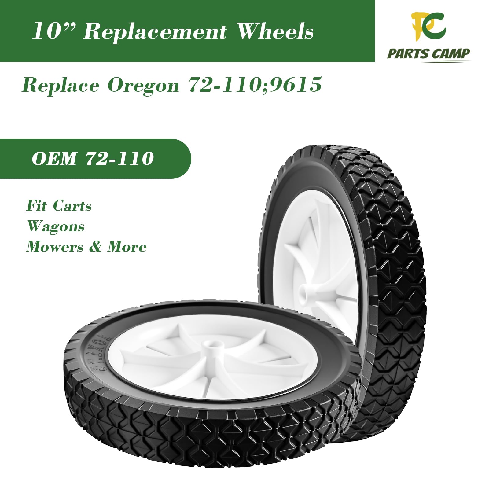 Parts Camp Rueda de plástico de 10 pulgadas de repuesto para Oregon 72-110, paquete de 2 ruedas universales para camión de mano, cortacésped, carrito utilitario, vagón de radio, pulverizador de césped