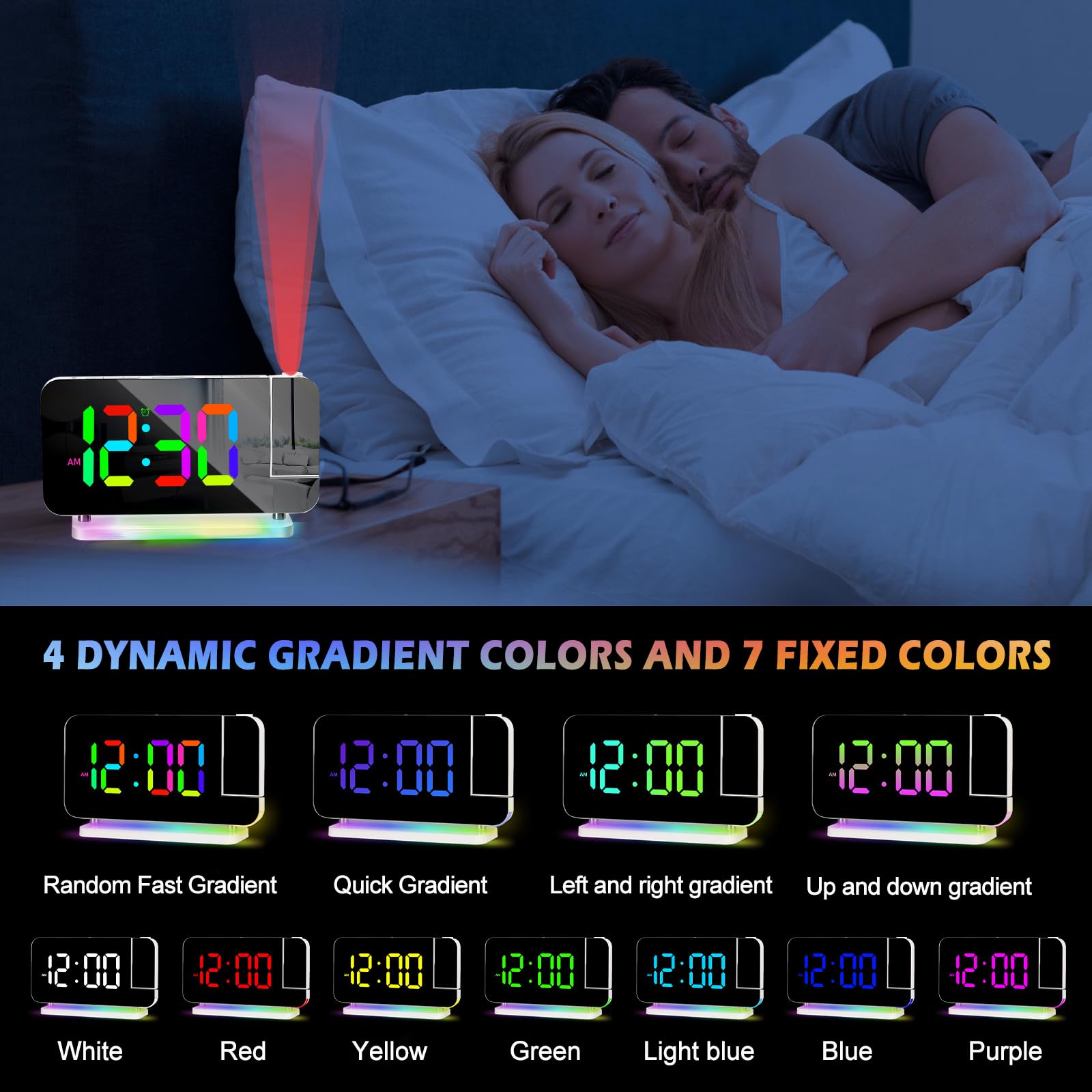 PORFOYO Sveglia con proiezione, sveglia con orologio LED RGB a specchio, 10 colori, luce notturna e proiettore girevole a 180°, sveglia digitale con USB-C, per camera da letto, bambini, ufficio
