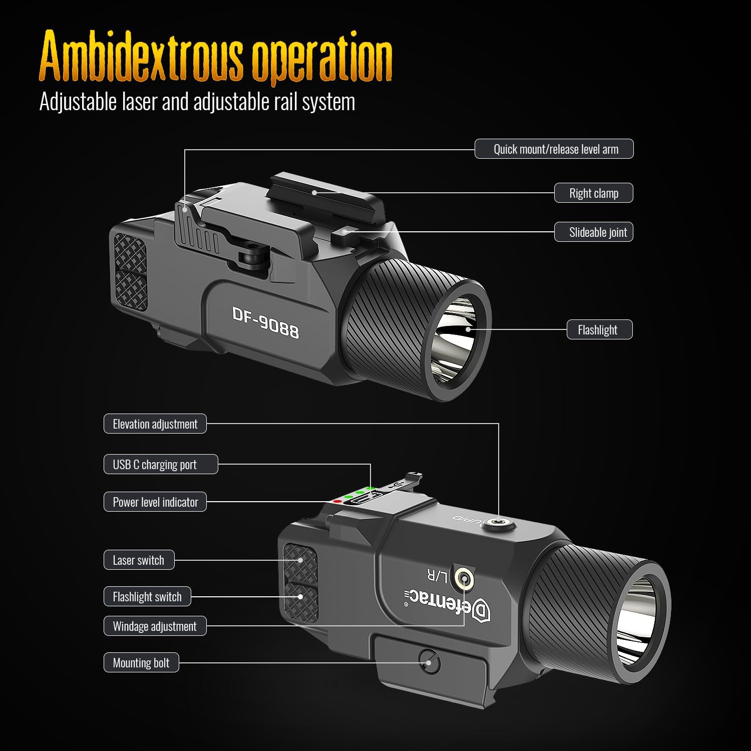 DEFENTAC 1800lm Slidable Pistol Light Laser Combo with Quick Release, Rechargeable Tactical Flashlight with Strobe/Momentary for Guns with Pic-Rail (Not for subcompact)