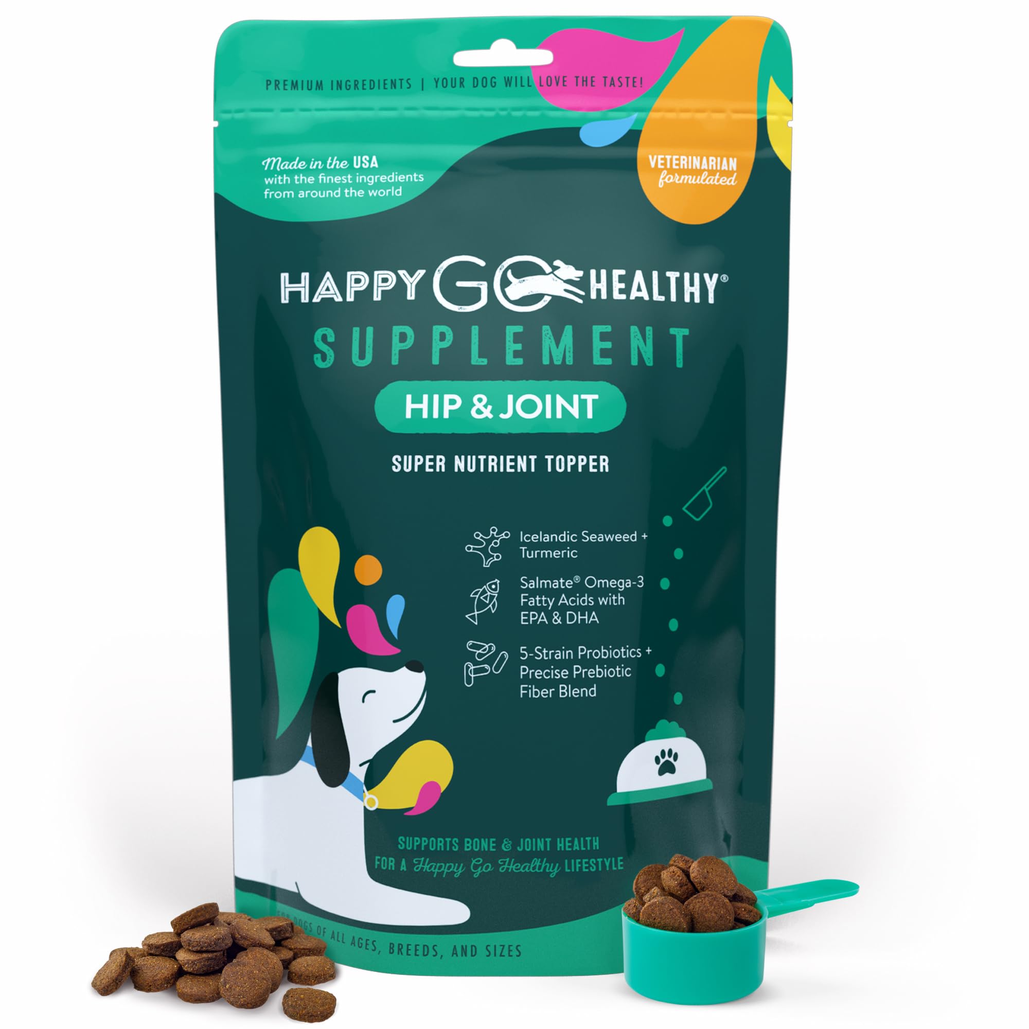Happy Go Healthy Hip & Joint Supplements for Dogs | Helps Joint Health & Mobility Support for Recovering and Senior Dogs | Natural Ingredients, Tasty