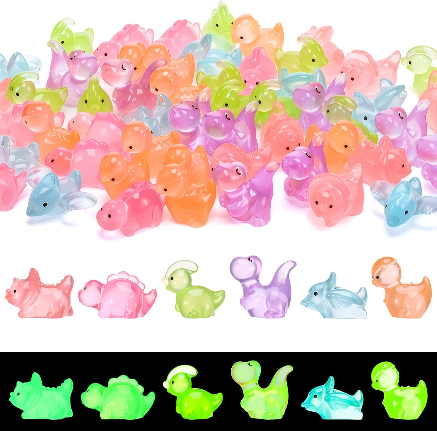 60 Pcs Mini Resin Dinosaurs, Luminous Tiny Dinosaur Figurines, Multicolor Miniature Dinosaur Figures Glow in The Dark for Fairy Garden Landscape Aquarium Birthday Party Decoration (6 Colors)