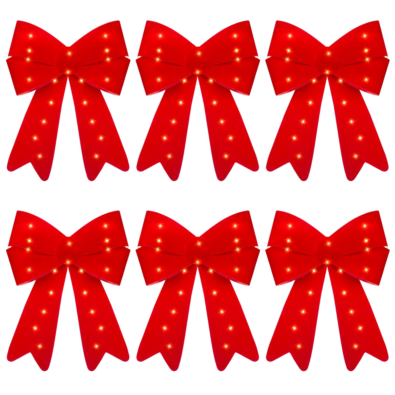 Zeyune 6 Pcs 10.63 x 15.35'' Velvet Red Christmas Bows with LED Lights Waterproof Christmas PVC Bow Large Plastic Lighted Bows for Christmas Tree Toppers Decor Wreath for Xmas Indoor Outdoor Decor