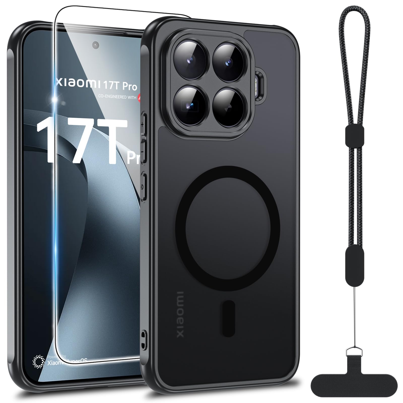 Fin2feel Magnetisch für Xiaomi 17T Pro Hülle mit Panzerglas & Band, mit Magsafe, Matt Translucent Robuste PC Schutzhülle, Stoßfest Kratzfeste Cover Case Dünn Handyhülle für Xiaomi 17T Pro, Schwarz