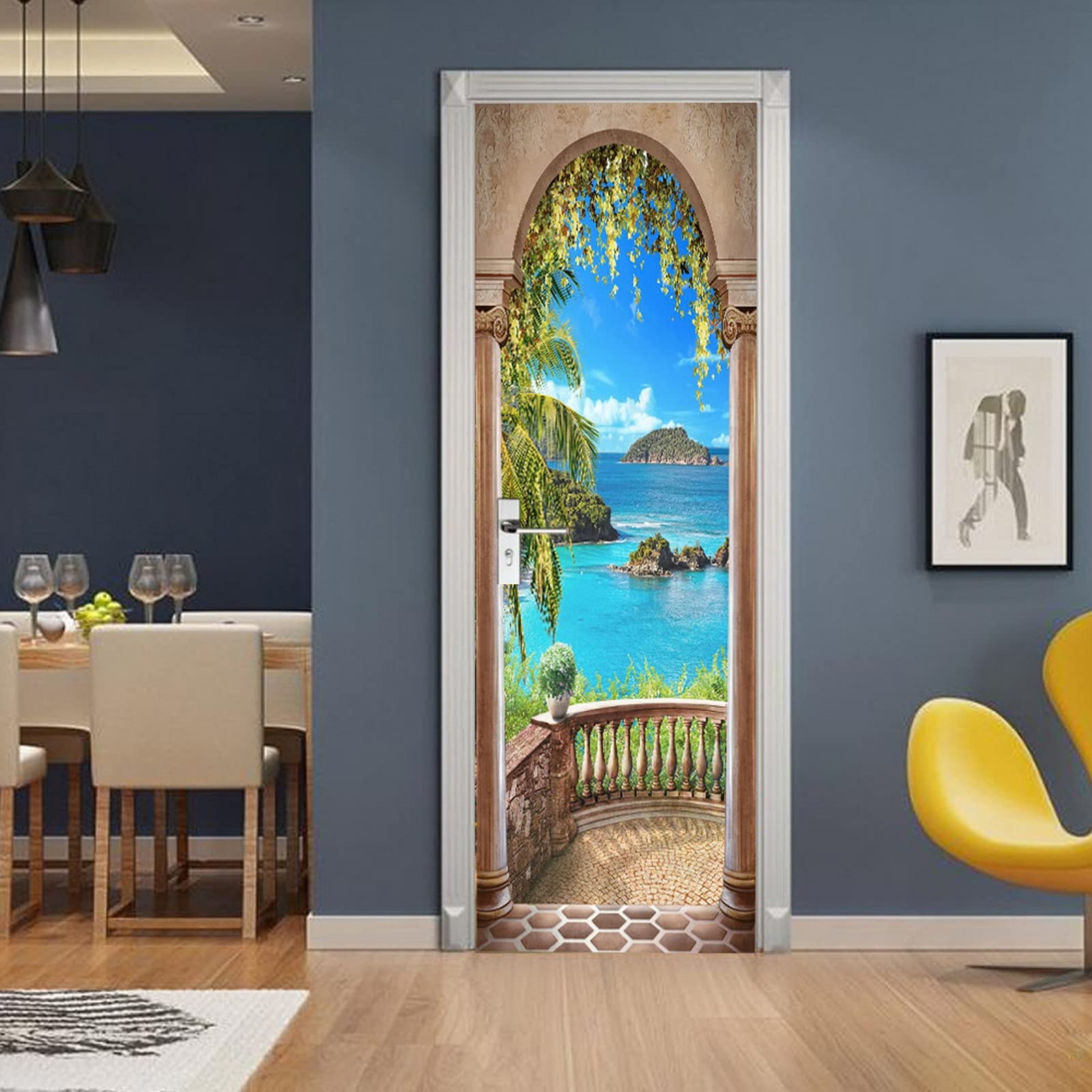 A.Monamour Türtapete Selbstklebend Türfolie Türposter 3D Blauer Meer Blick Durch Balkonbogen Vinyl Folie Türdeko Tapete Wandbild Türaufkleber Türtattoo 95 x 215 cm