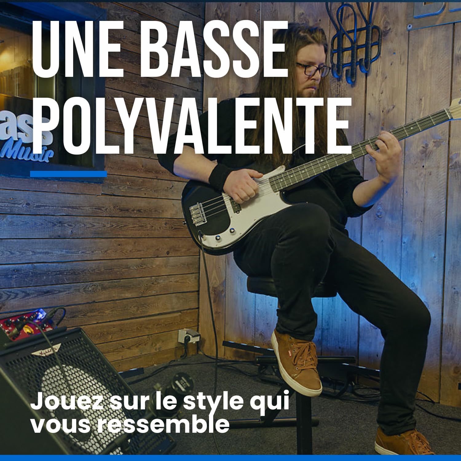Basse électrique Woodbrass PB100 Noire - Guitare basse polyvalente idéale pour débuter - Corps forme PB Frêne Touche érable - Style rock, pop, funk, blues, hard, jazz