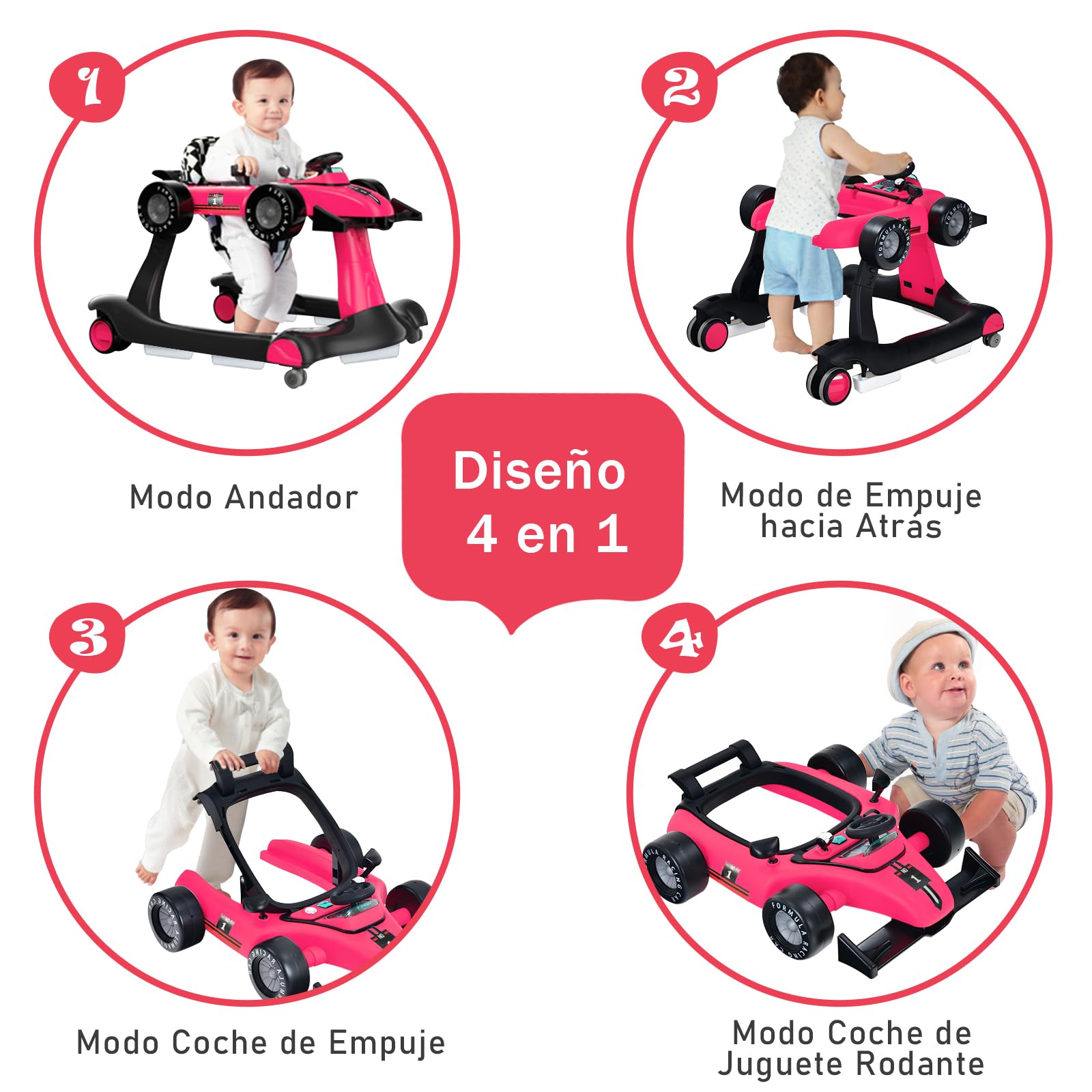 COSTWAY 4 en 1 Andador Bebes, Tacata Bebe Plegable con Altura y Velocidad Regulables, Carillón con Luces, Volante y Asiento con Cojín, Diseño Antivuelco, Caminador para Bebe de 6-18 Meses - 2