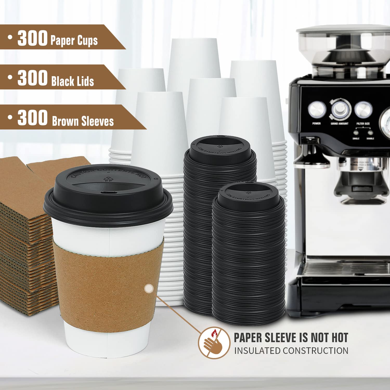 Ginkgo Lot de 300 Gobelets Jetables Tasses à Café en Papier Épais de 355 ml avec Couvercles et Manches, pour la Maison, le Bureau, les Mariages et les Cafés