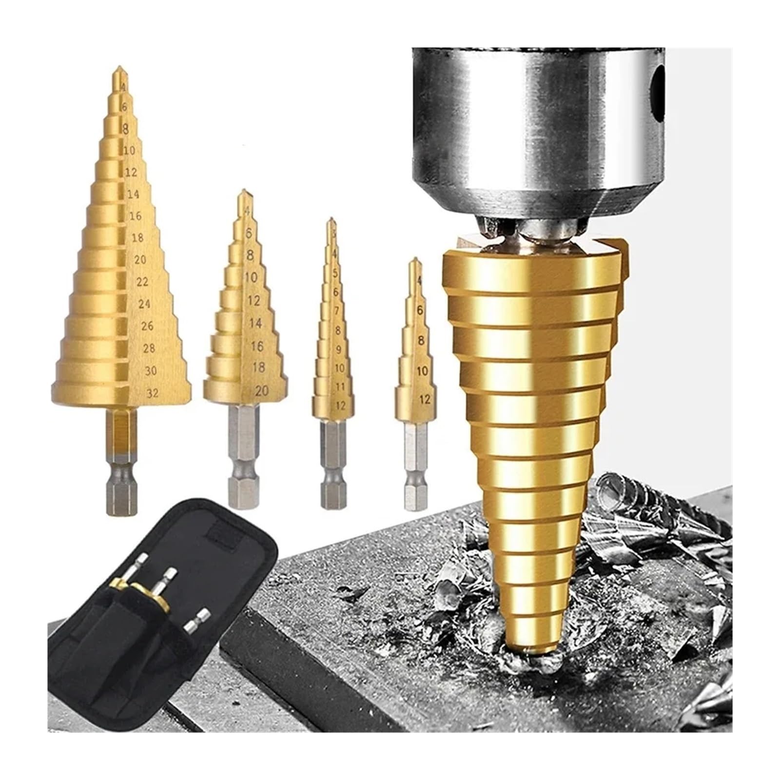 Broca escalonada cónica HSS recubierta de titanio | Herramienta de perforación multiusos for madera y metal de 4-20/4-32 mm(3pcs with bag)