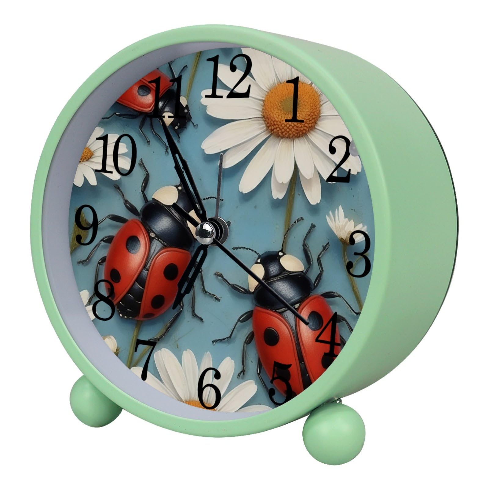 etoenbrc Daisy Flowers and Ladybugs Round Battery Operated Bedside Alarm Clock Non-Ticking Desktop Silent Analog Alarm Clock with Light