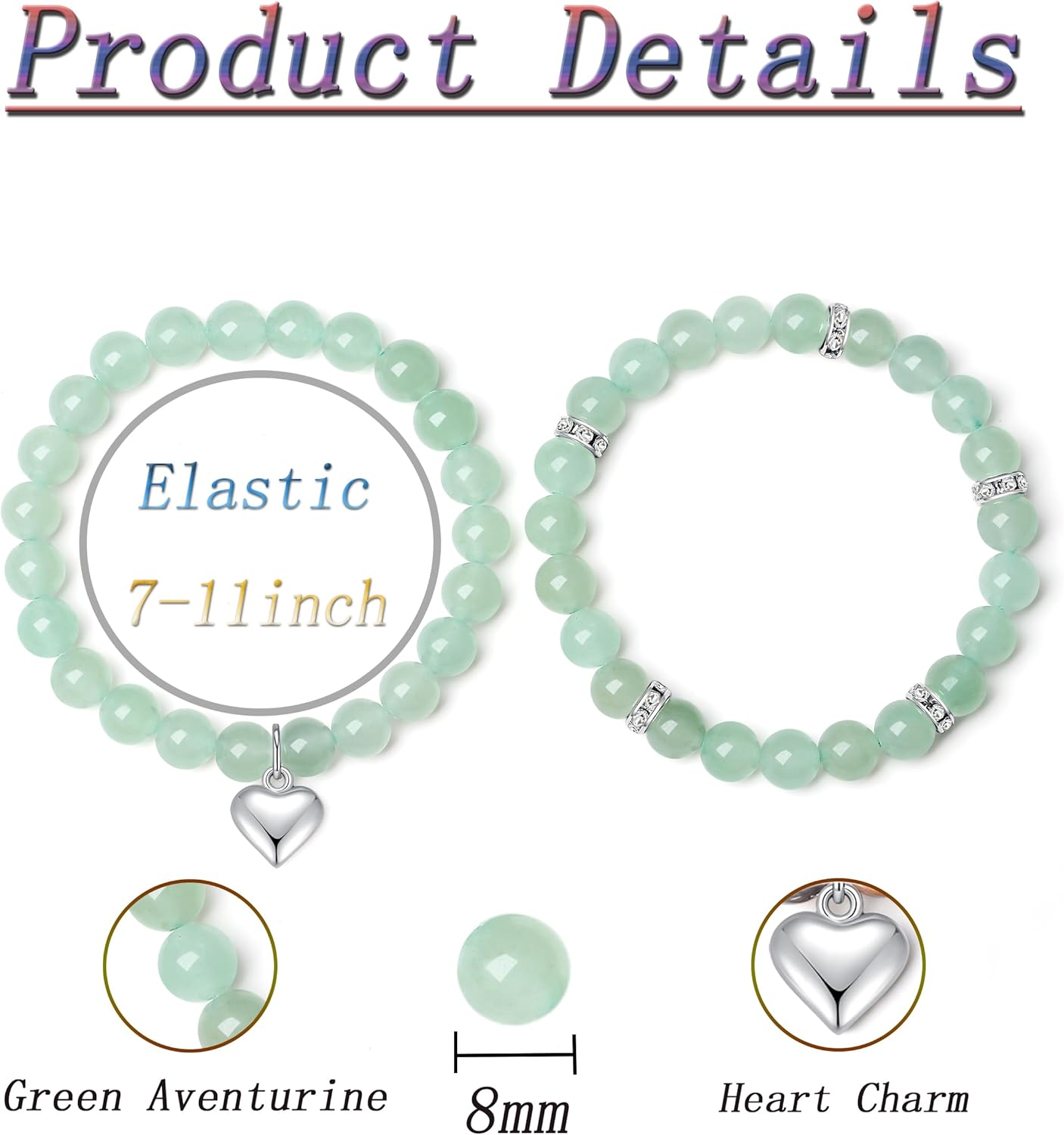 DUQGUHO Heart Bracelet for Women Healing Crystals Bracelets 8mm Love Charm Bracelet for Women Natural Stone Stretch Beads Bracelet Gifts for Women 2Pcs - Image 5