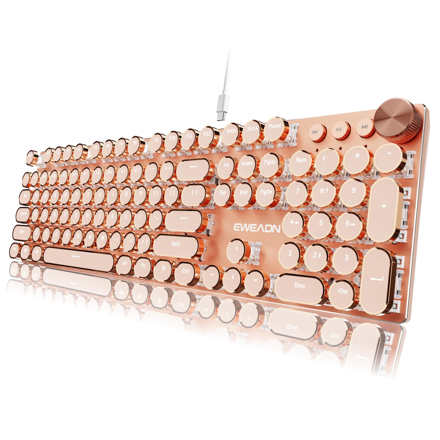 EWEADN Typewriter Style Mechanical Gaming Keyboard, Wired Mechanical Keyboards,104 Keys Backlit LED Keyboards, Media Control Knob, Wired Computer Keyboard Pink Switch for Windows/Mac/PC-Pink