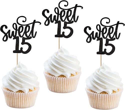Paquete de 24 adornos para cupcakes de cumpleaños de 15 años con purpurina para 15 años de edad, decoración de cupcakes para cumpleaños de 15 años,
